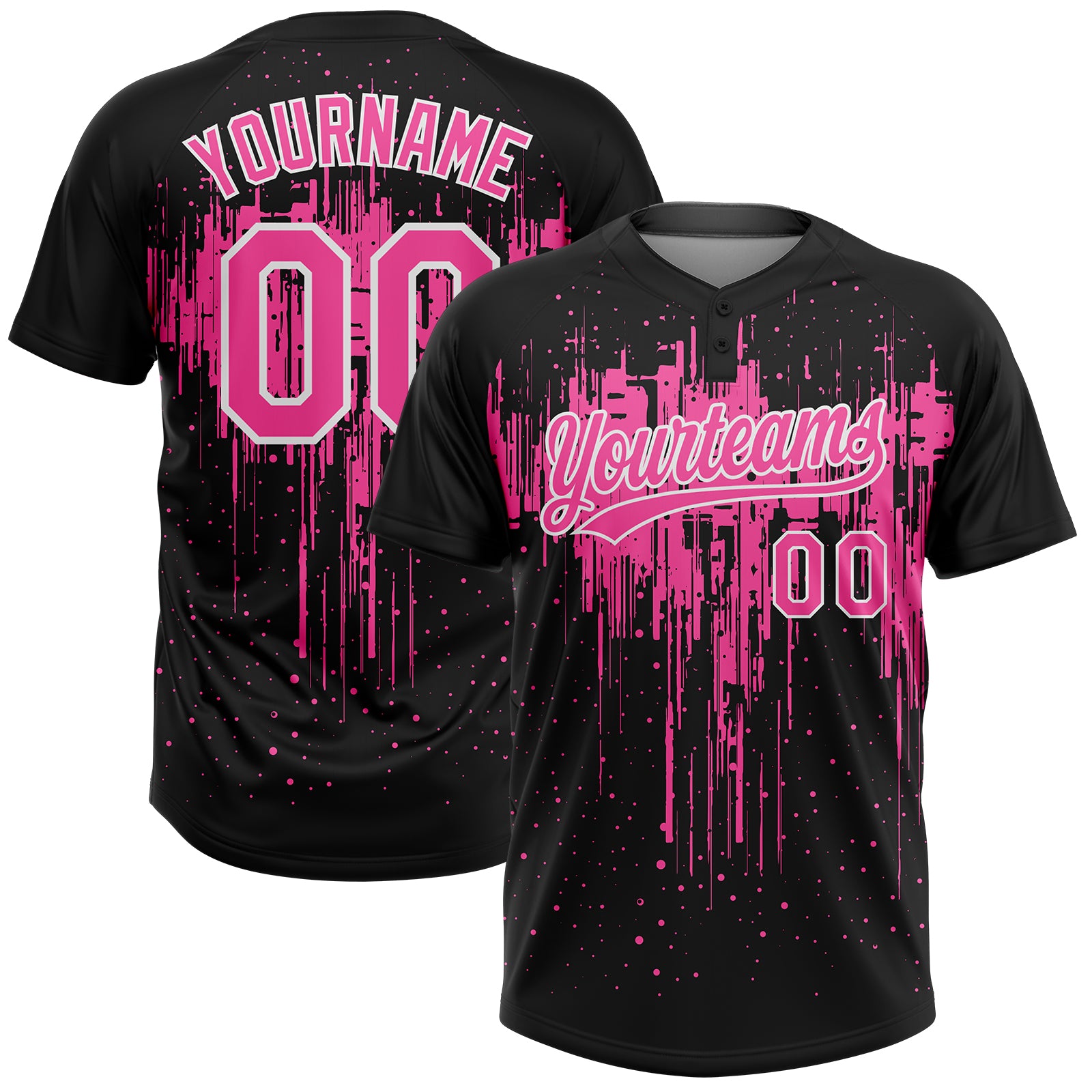 Custom Black Pink-White Dripping Splatter Paint Two-Button Unisex Softball Jersey