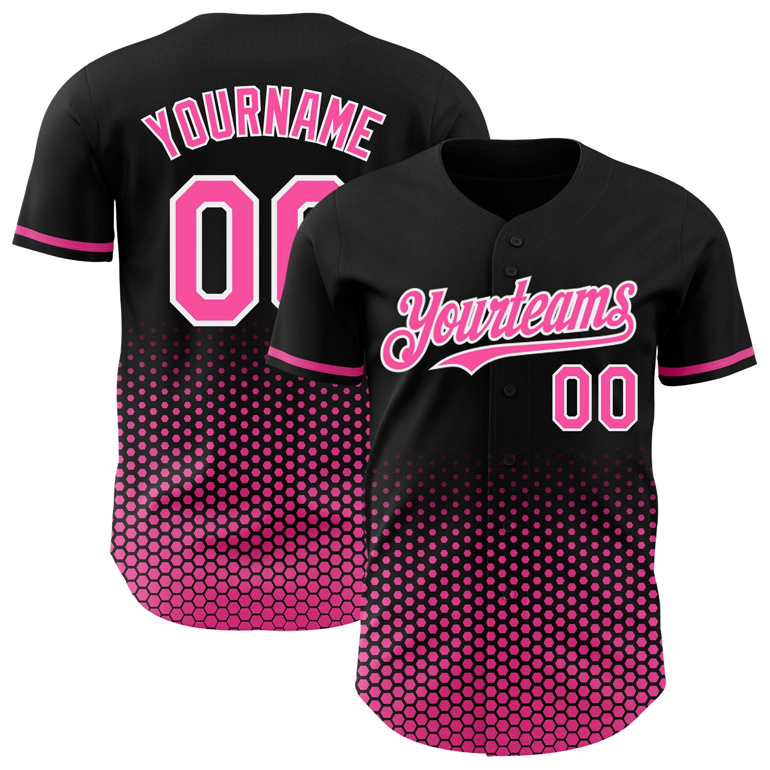 Custom Black Pink-White Geometric Hexagonal Dot Gradient Authentic Baseball Jersey