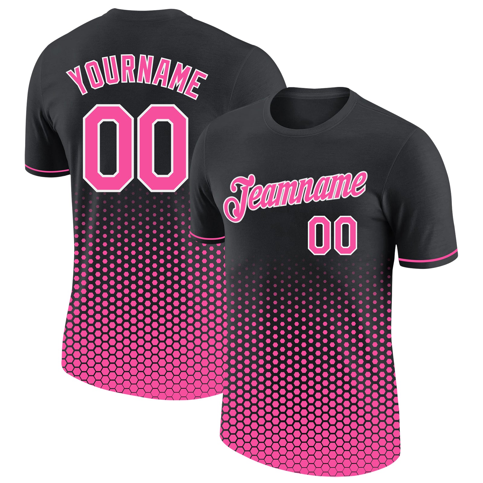 Custom Black Pink-White Geometric Hexagonal Dot Gradient Performance T-Shirt