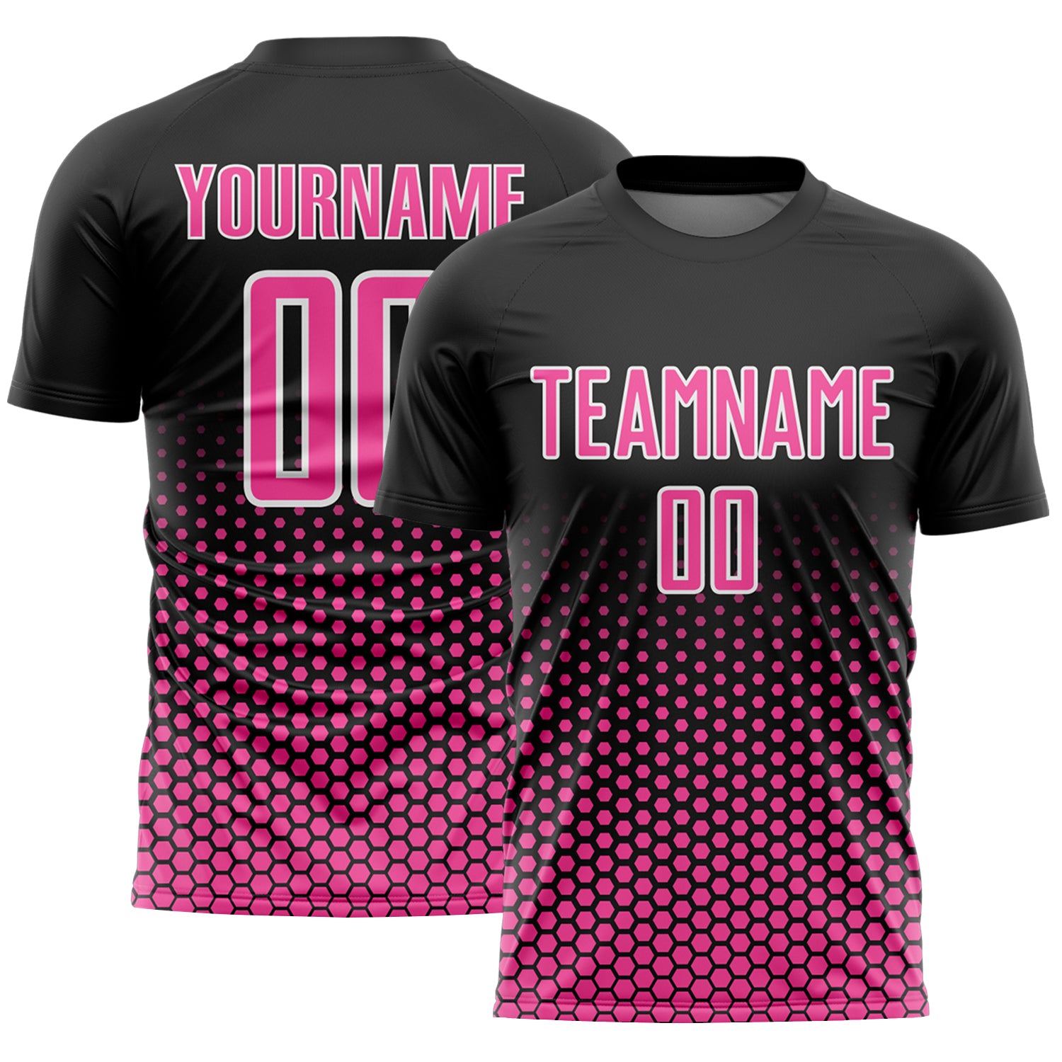 Custom Black Pink-White Geometric Hexagonal Dot Gradient Sublimation Soccer Uniform Jersey