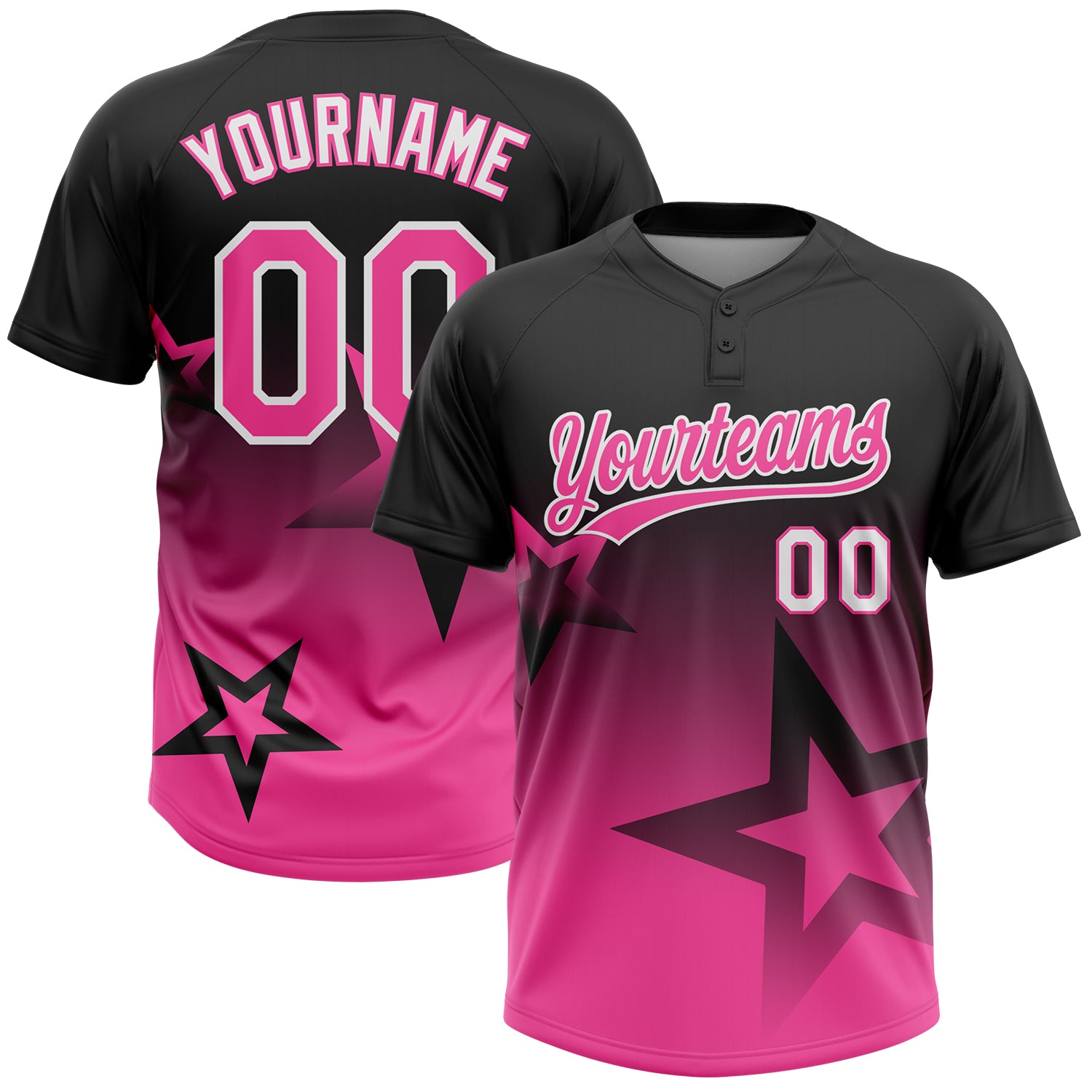 Custom Black Pink-White Gradient Style Twinkle Star Two-Button Unisex Softball Jersey