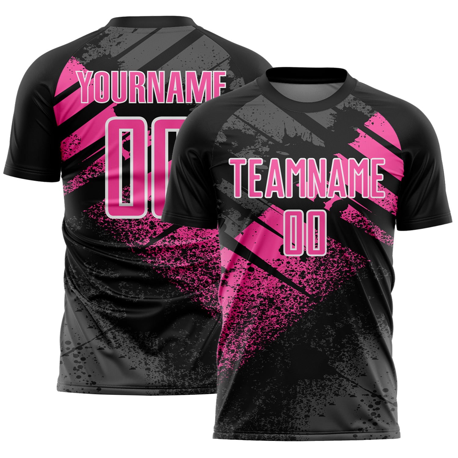 Custom Black Pink-White Grunge Splatter Brush Stroke Sublimation Soccer Uniform Jersey