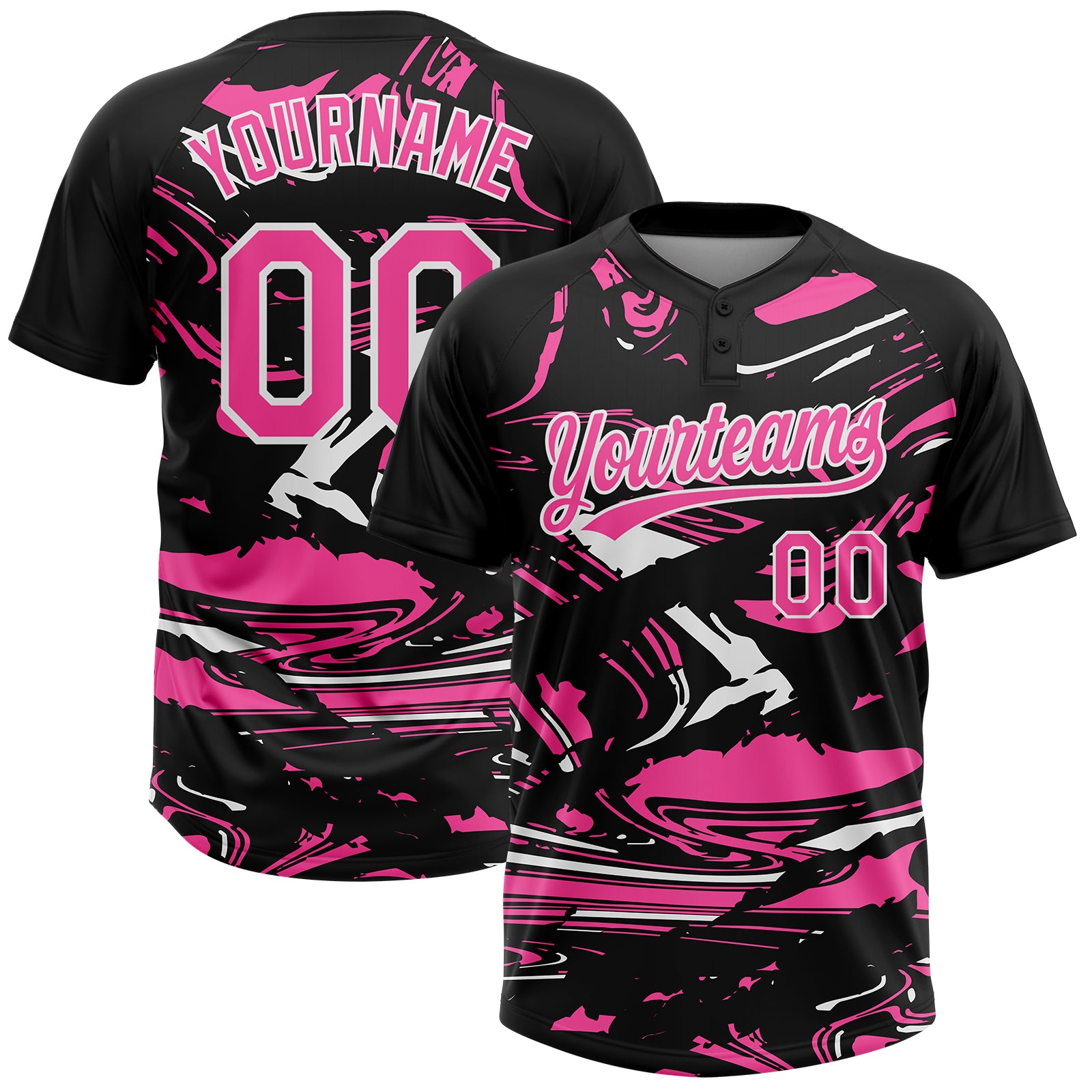 Custom Black Pink-White Raglan Sleeves Abstract Fluid Marble Two-Button Unisex Softball Jersey