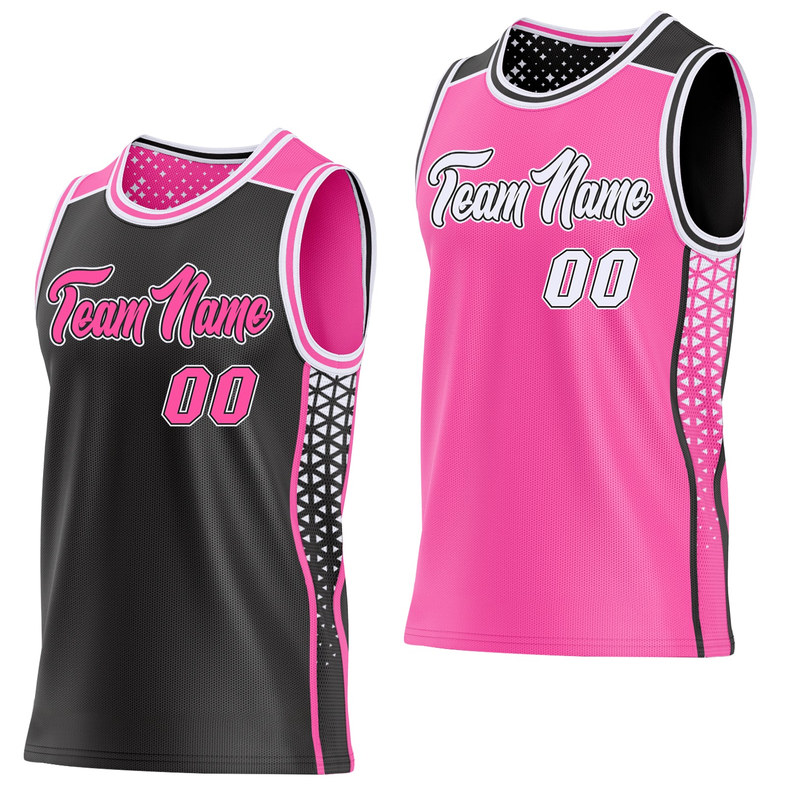 Custom Black Pink-White Side Panel Stripe Geometric Triangle Gradient Dot Reversible Double Side Sublimation Basketball Set Jersey