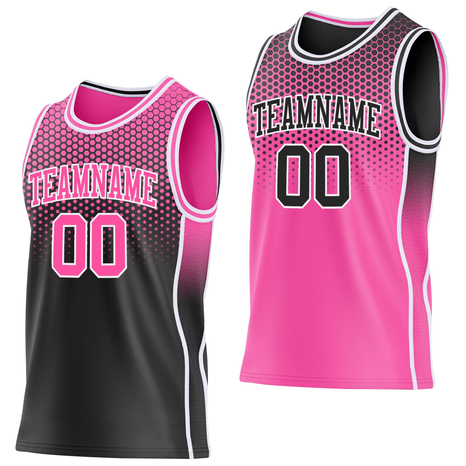 Custom Black Pink-White Side Panel Stripe Gradient Geometric Honeycomb Reversible Double Side Sublimation Basketball Set Jersey