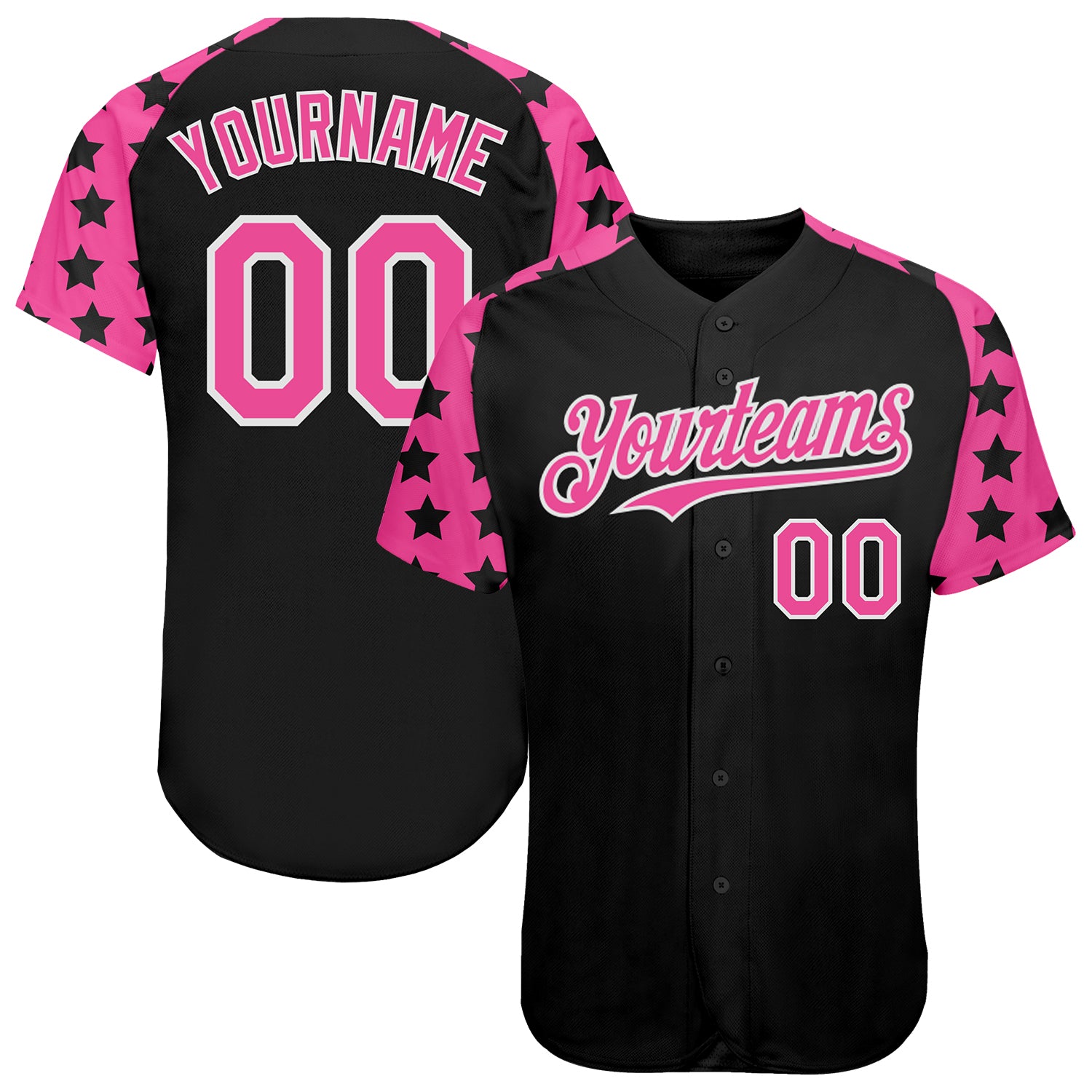 Custom Black Pink-White Star Raglan Sleeves Authentic Baseball Jersey