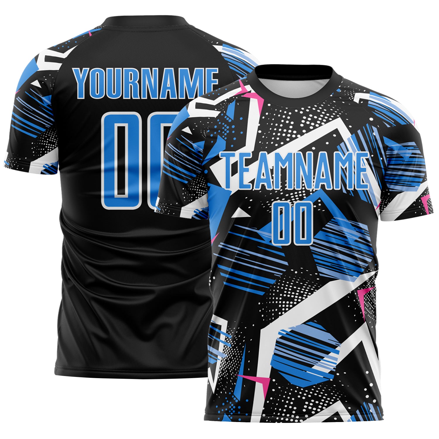 Custom Black Powder Blue Pink-White Geometric Asymmetry Shatter Sublimation Soccer Uniform Jersey