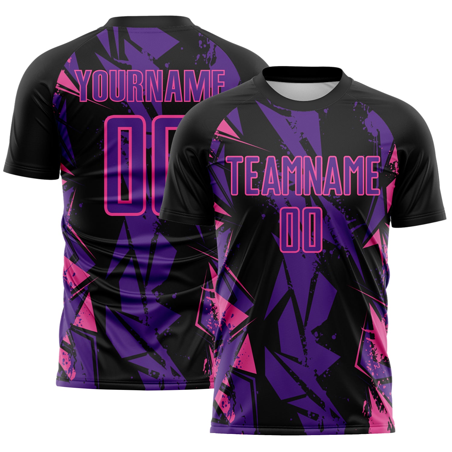 Custom Black Purple-Pink Geometric Shard Grunge Splash Sublimation Soccer Uniform Jersey