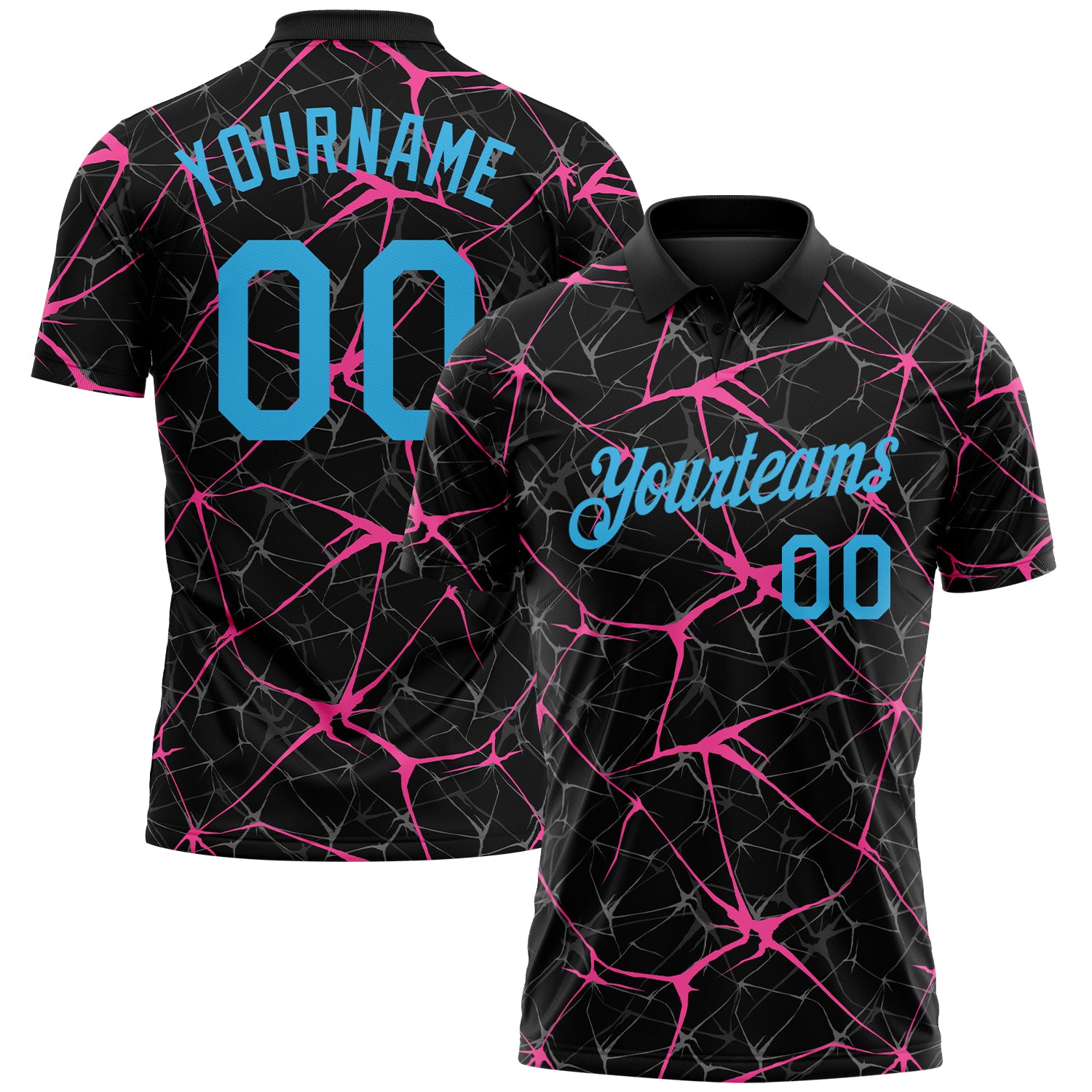 Custom Black Sky Blue-Pink 3D Pattern Abstract Network Crackle Performance Polo Shirt