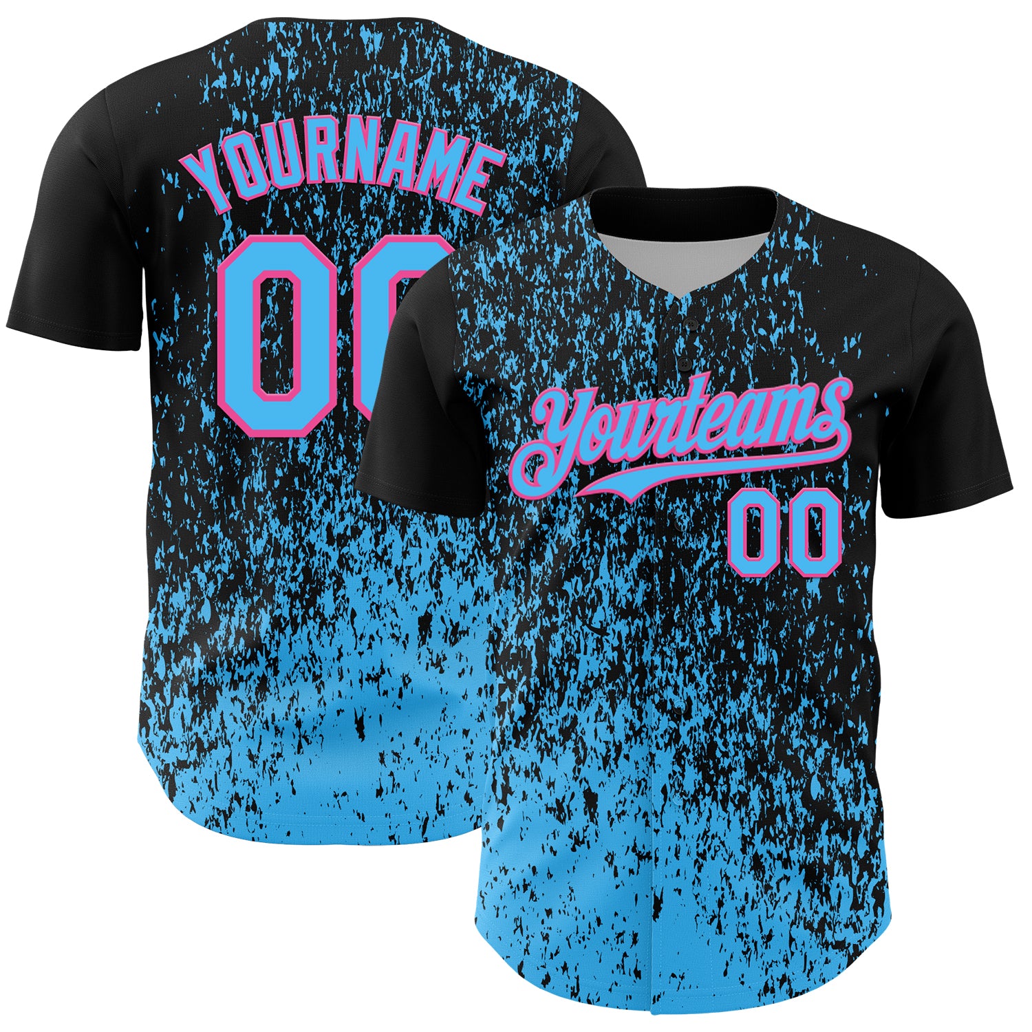 Custom Black Sky Blue-Pink 3D Pattern Design Abstract Fragment Splatter Authentic Baseball Jersey