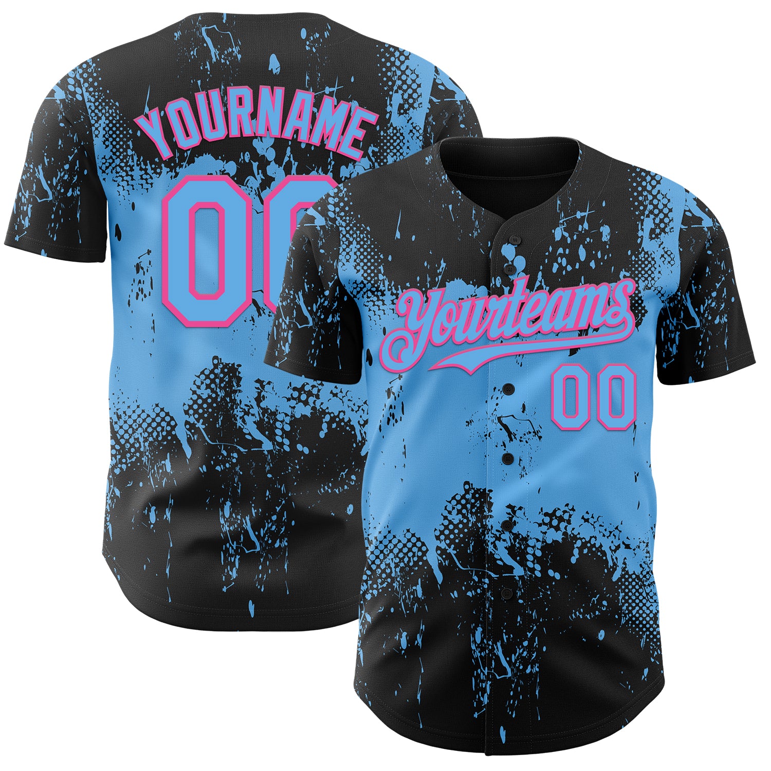 Custom Black Sky Blue-Pink 3D Pattern Design Abstract Splatter Grunge Paint Authentic Baseball Jersey