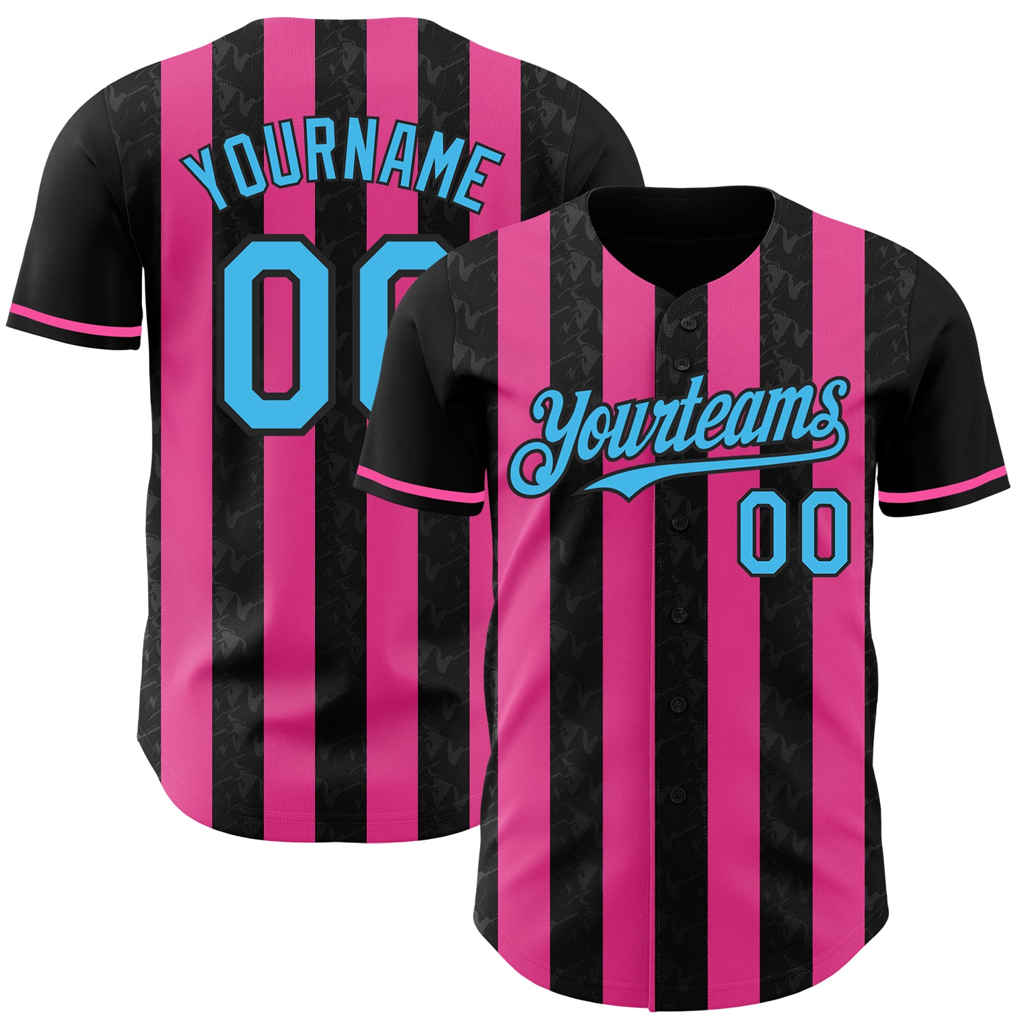 Custom Black Sky Blue-Pink Classic Vertical Stripe Fluid Liquid Texture Authentic Baseball Jersey