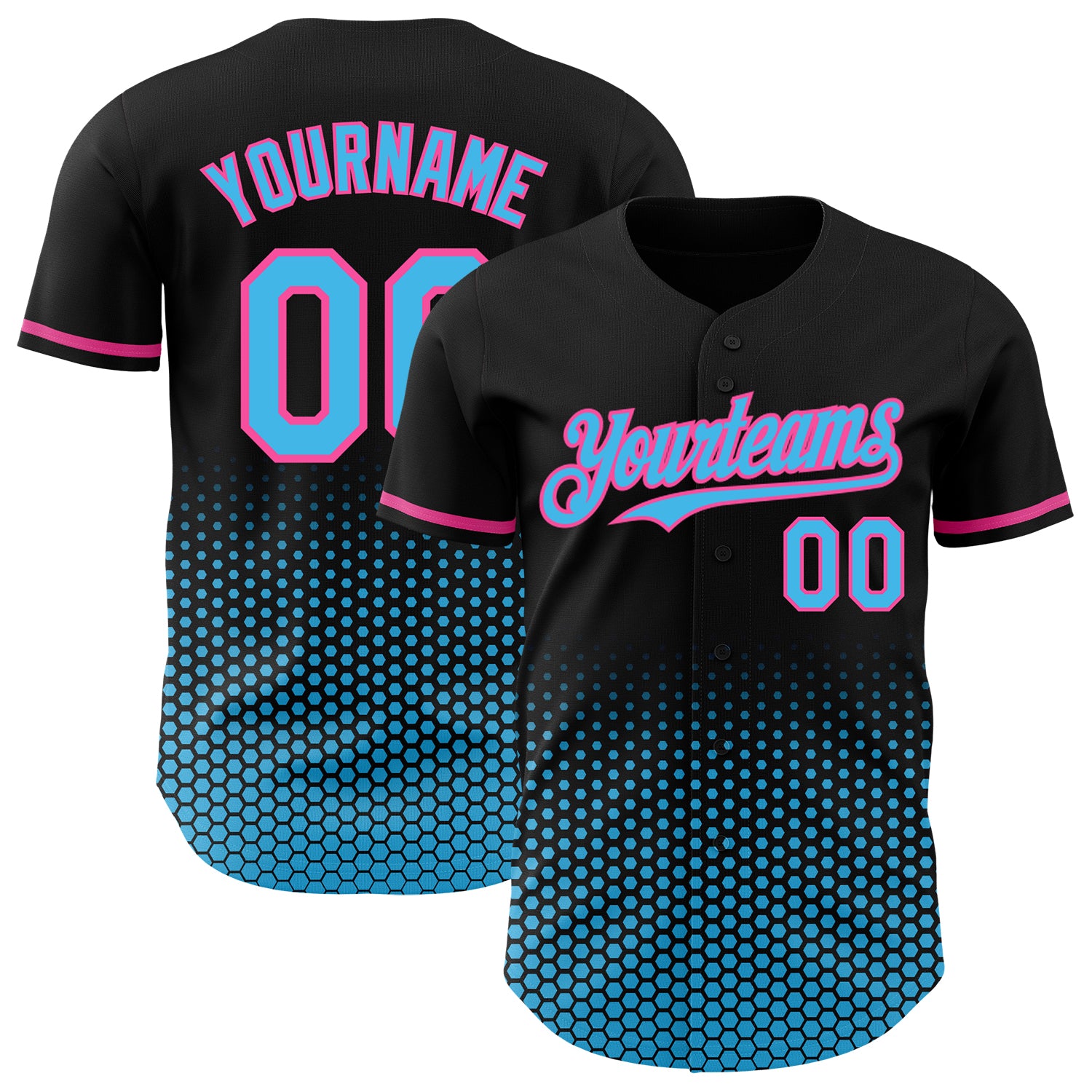 Custom Black Sky Blue-Pink Geometric Hexagonal Dot Gradient Authentic Baseball Jersey