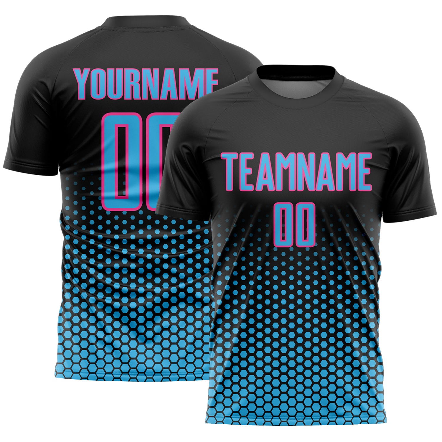 Custom Black Sky Blue-Pink Geometric Hexagonal Dot Gradient Sublimation Soccer Uniform Jersey