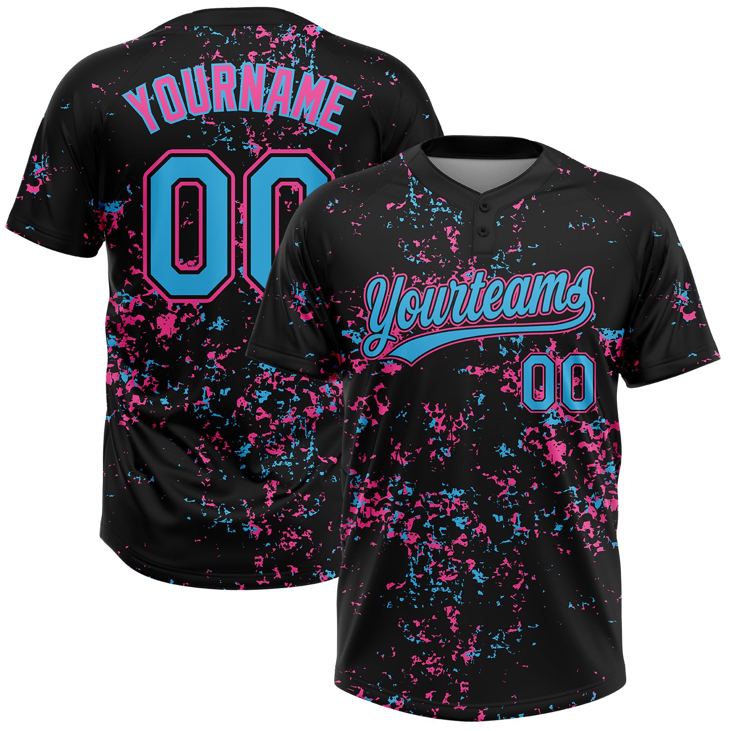 Custom Black Sky Blue Pink-Light Blue Abstract Shattered Paint Splatter Two-Button Unisex Softball Jersey
