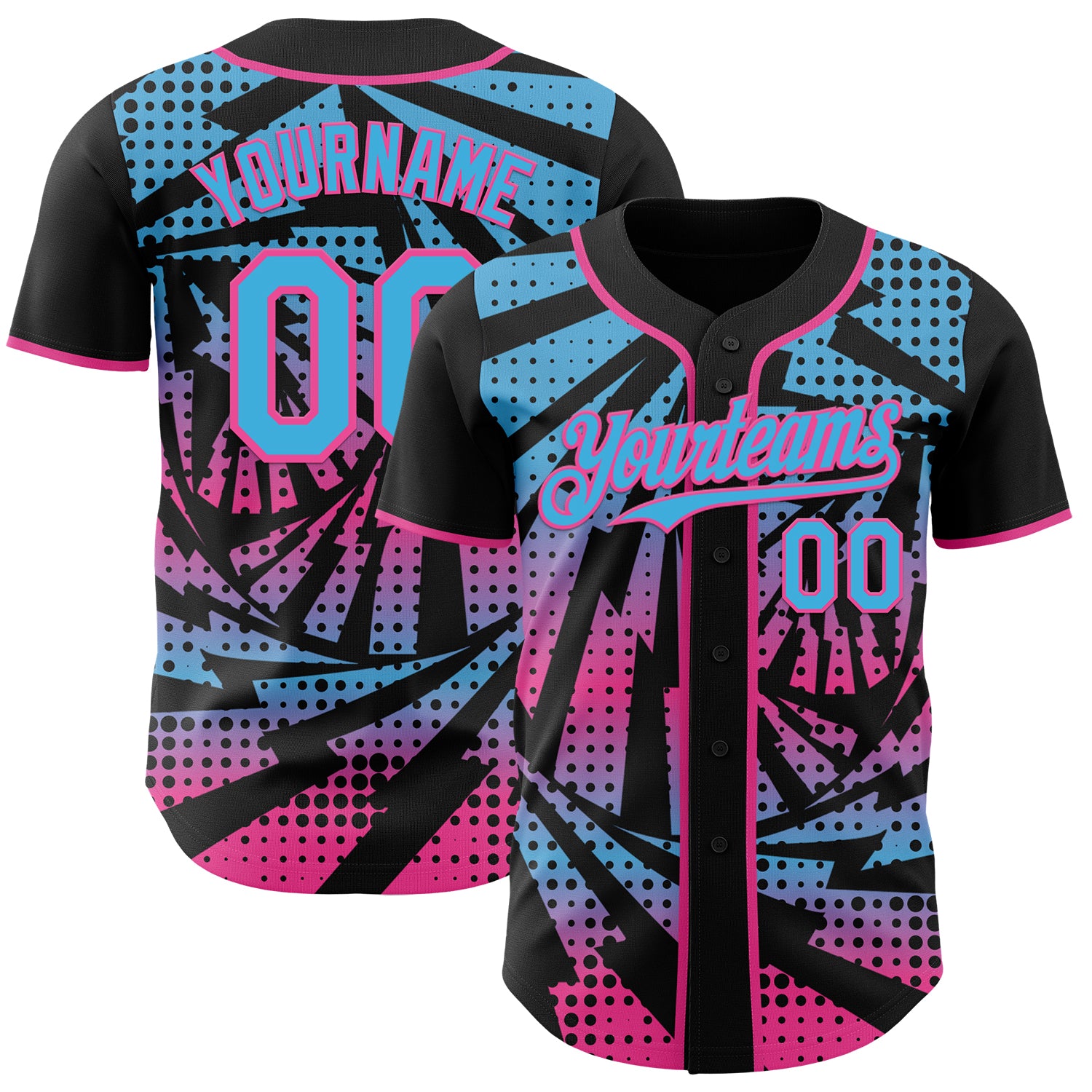 Custom Black Sky Blue-Pink Lightning Gradient Dot Authentic Baseball Jersey