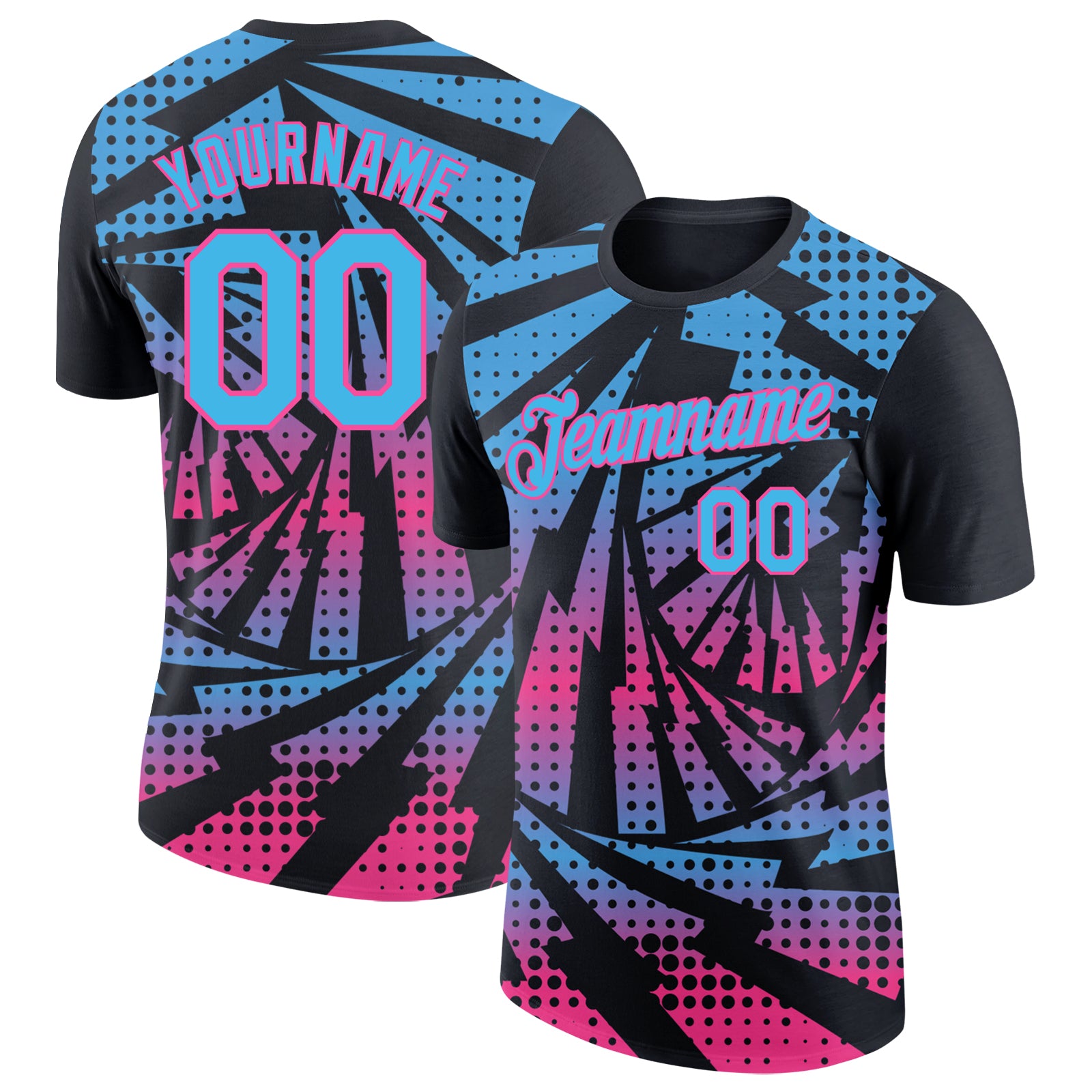 Custom Black Sky Blue-Pink Lightning Gradient Dot Performance T-Shirt