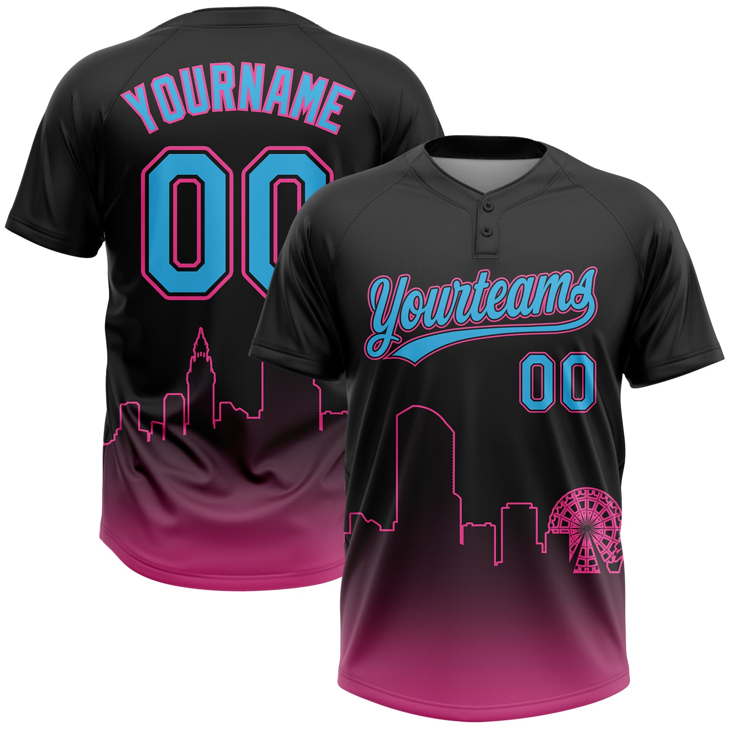 Custom Black Sky Blue-Pink Miami City Edition Gradient Two-Button Unisex Softball Jersey