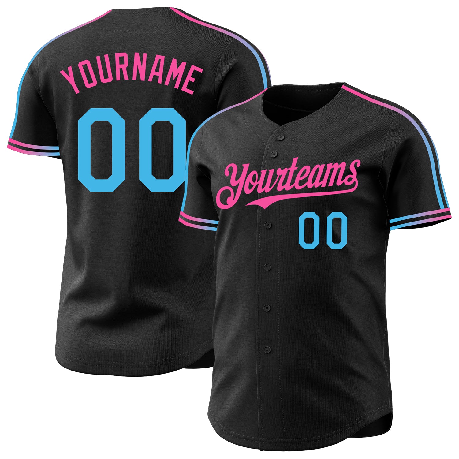 Custom Black Sky Blue-Pink Raglan Line Gradient Stripe Authentic Baseball Jersey