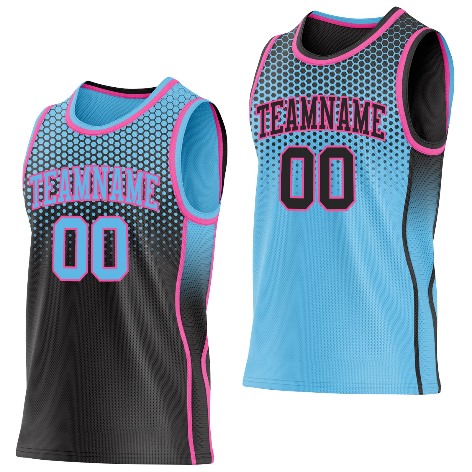 Custom Black Sky Blue-Pink Side Panel Stripe Gradient Geometric Honeycomb Reversible Double Side Sublimation Basketball Set Jersey