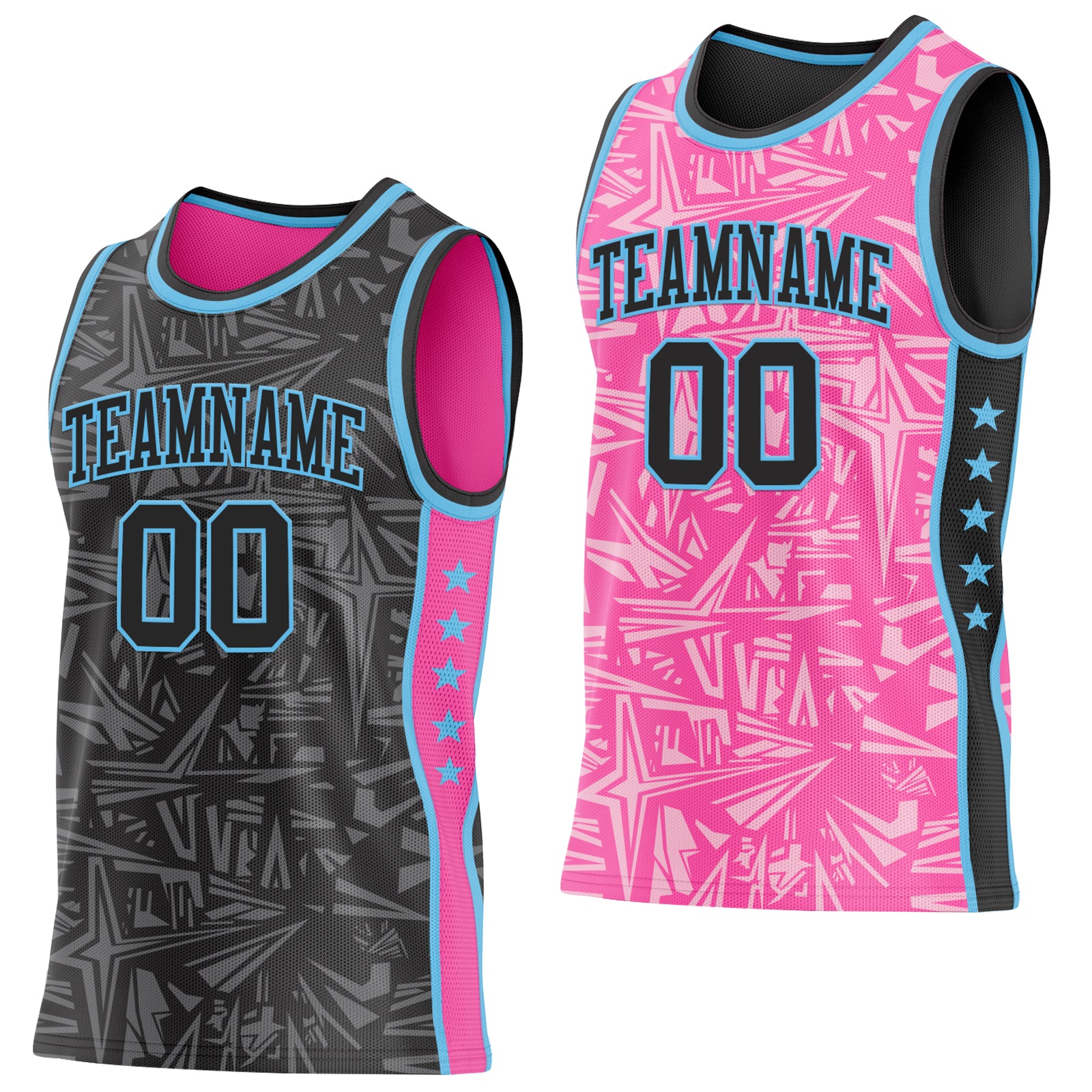 Custom Black Sky Blue-Pink Side Panel Stripe Stars Geometric Shatter Starburst Reversible Double Side Sublimation Basketball Set Jersey
