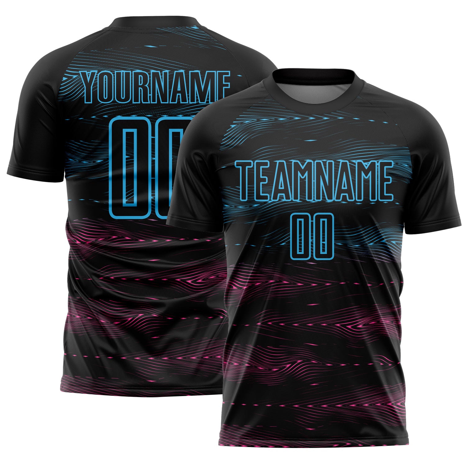 Custom Black Sky Blue-Pink Streamline Wave Cyberpunk Neon Tech Sports Sublimation Soccer Uniform Jersey
