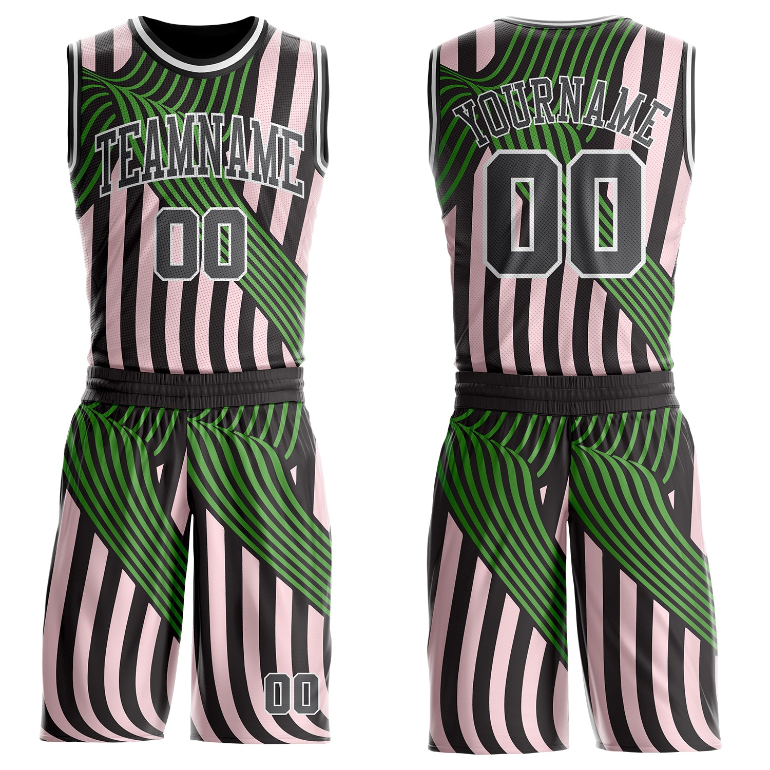 Custom Black Steel Gray Light Pink Green-White Wave Stripe Round Neck Sublimation Basketball Suit Jersey