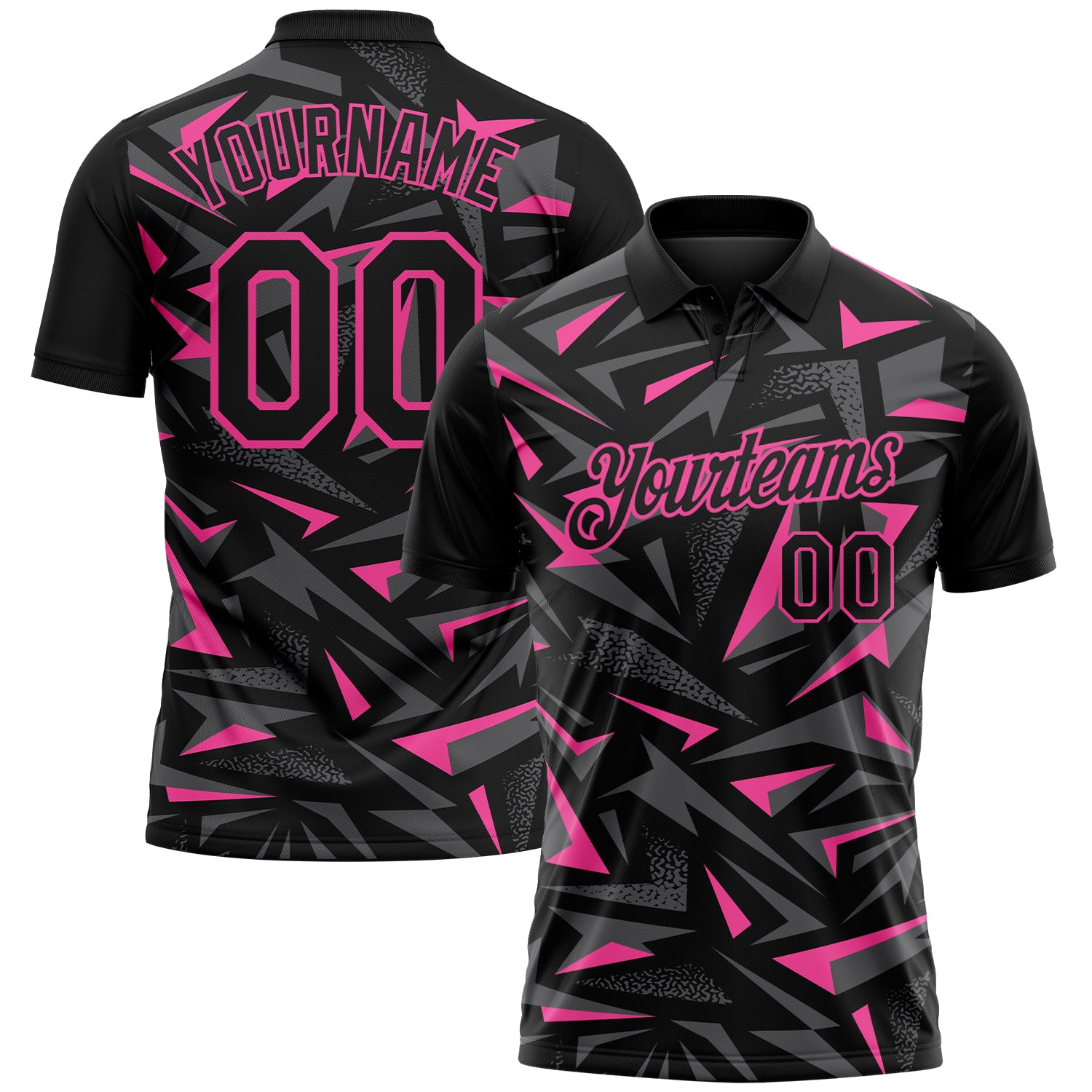 Custom Black Steel Gray-Pink Cyber Mecha E-sport Geometric Shards Spike Performance Polo Shirt