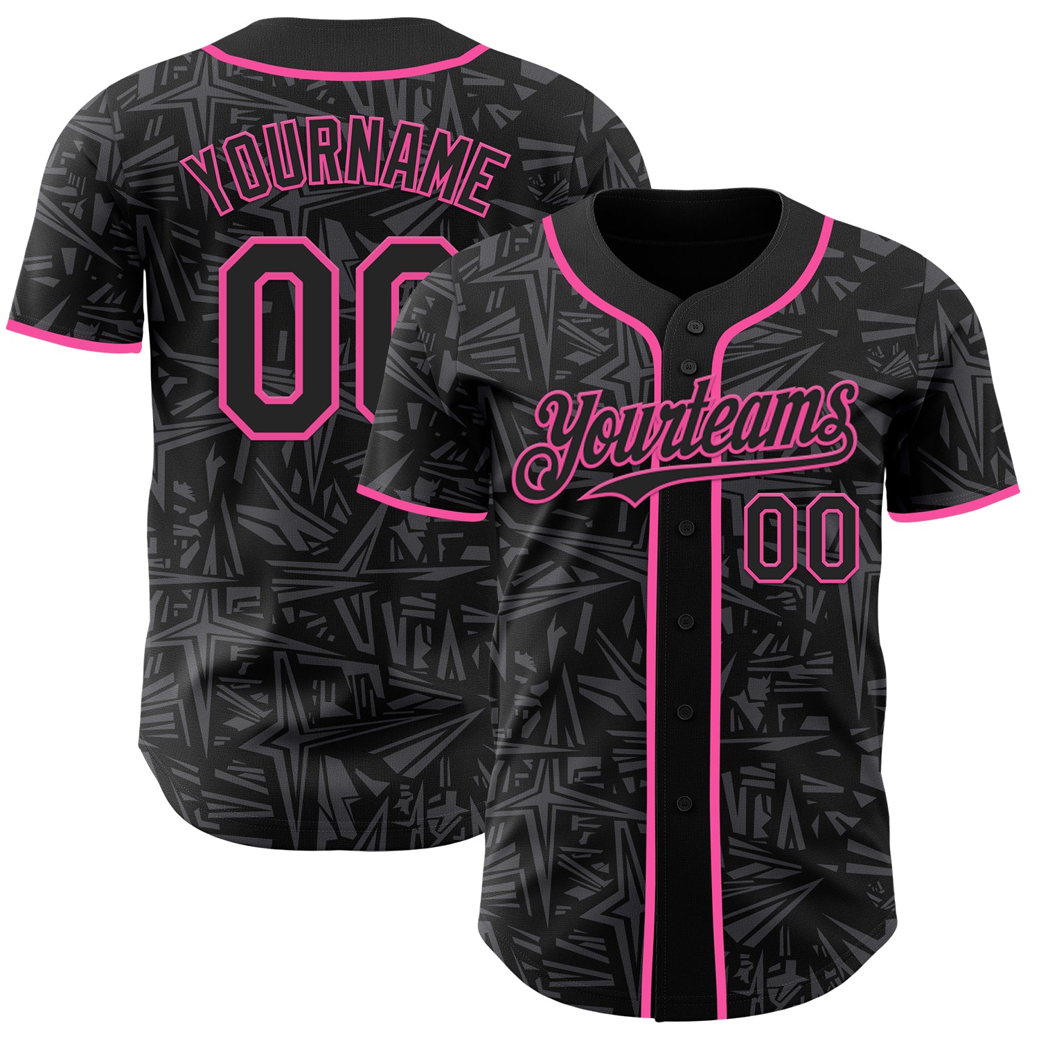 Custom Black Steel Gray-Pink Geometric Cyber Starburst Authentic Baseball Jersey