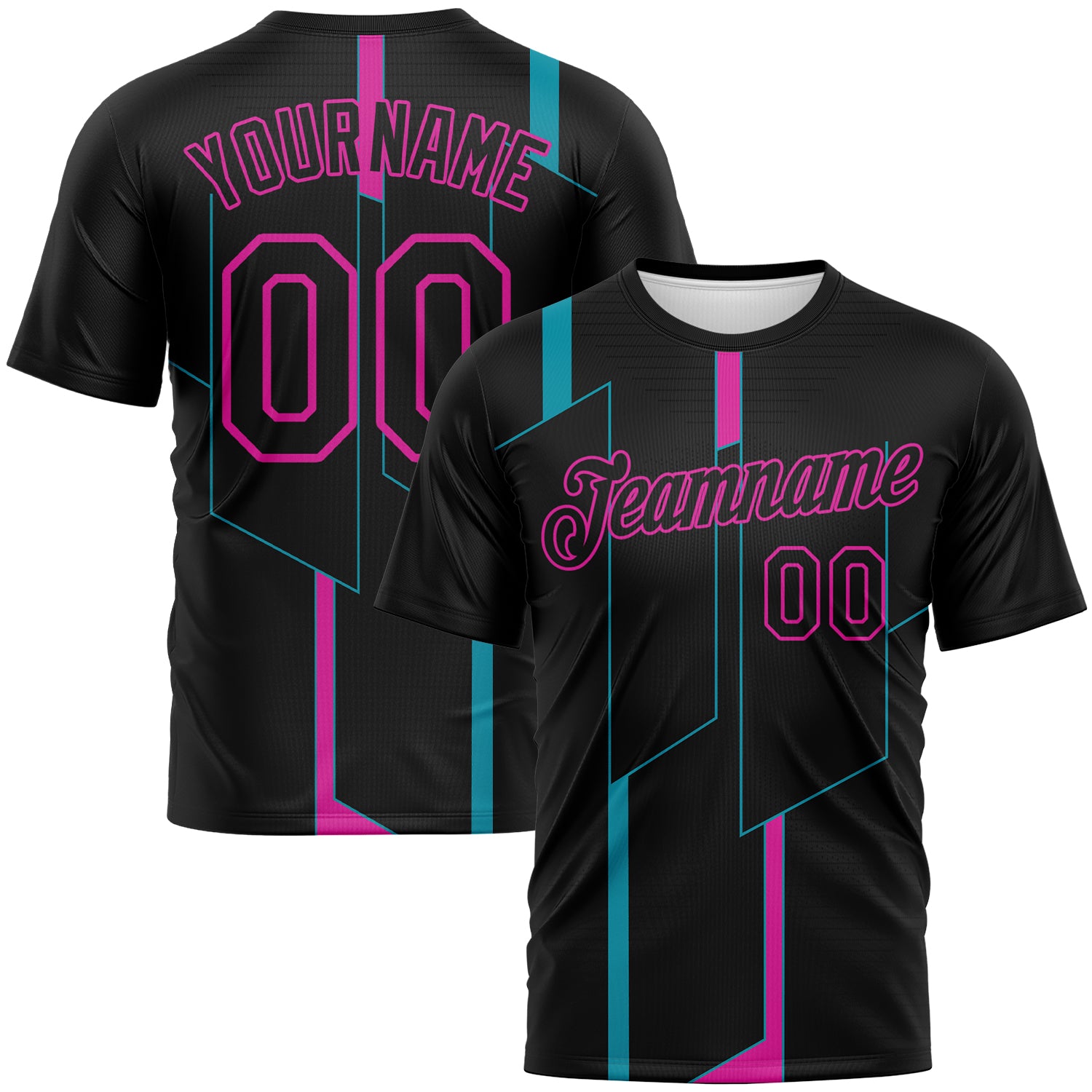 Custom Black Teal-Deep Pink 3D Pattern Geometric Performance T-Shirt