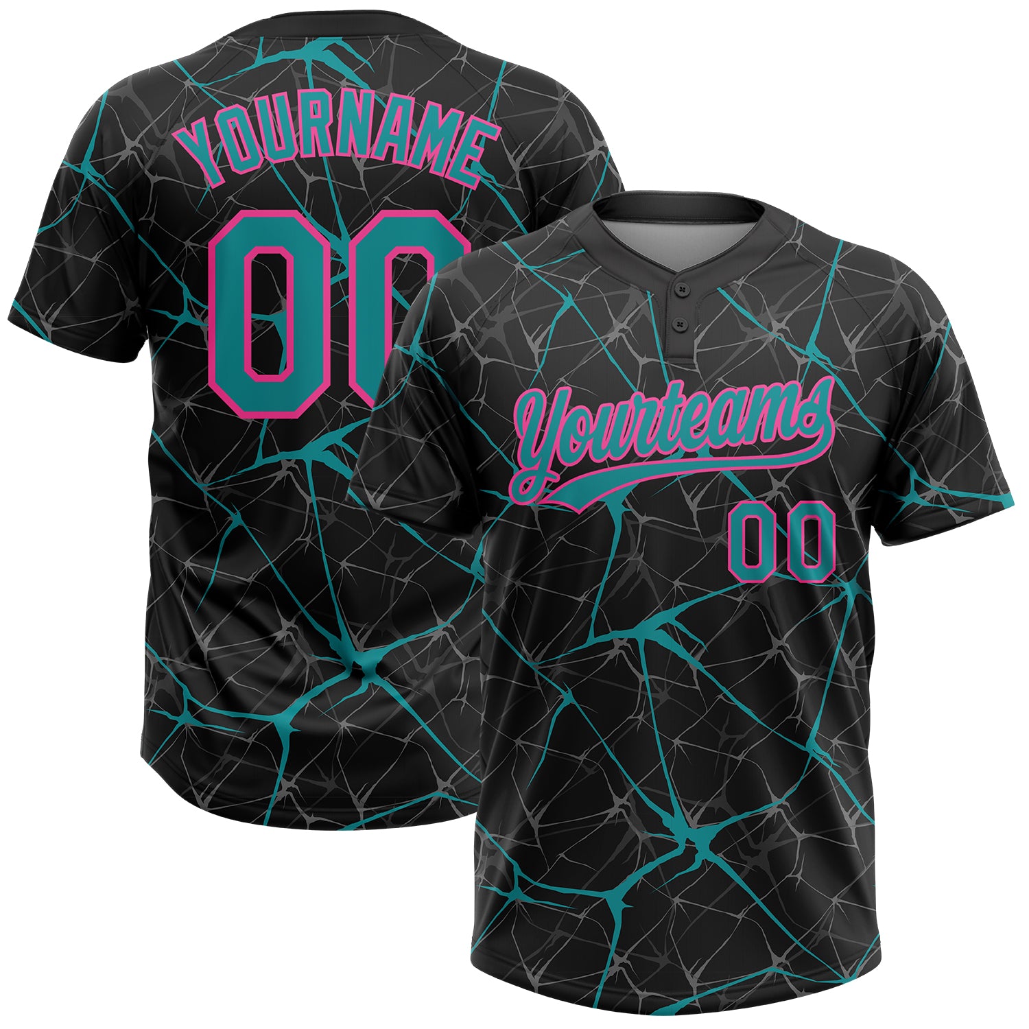 Custom Black Teal-Pink 3D Pattern Design Abstract Network Two-Button Unisex Softball Jersey