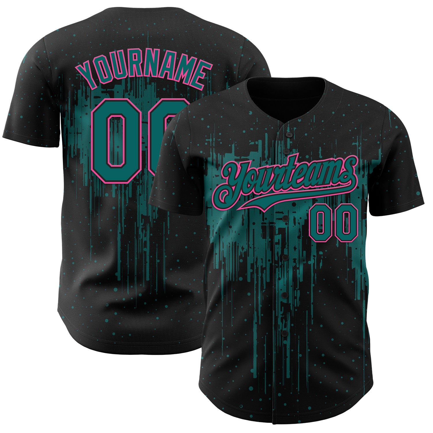 Custom Black Teal-Pink 3D Pattern Design Dripping Splatter Paint Authentic Baseball Jersey
