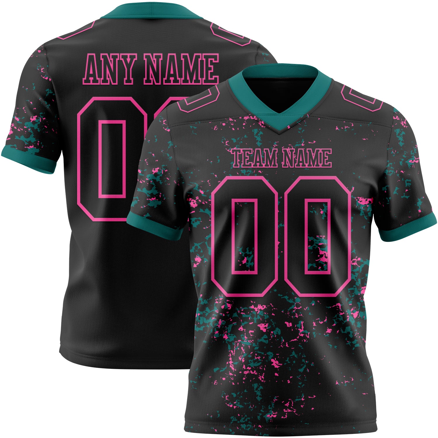 Custom Black Teal-Pink Authentic Abstract Shattered Paint Splatter Football Jersey