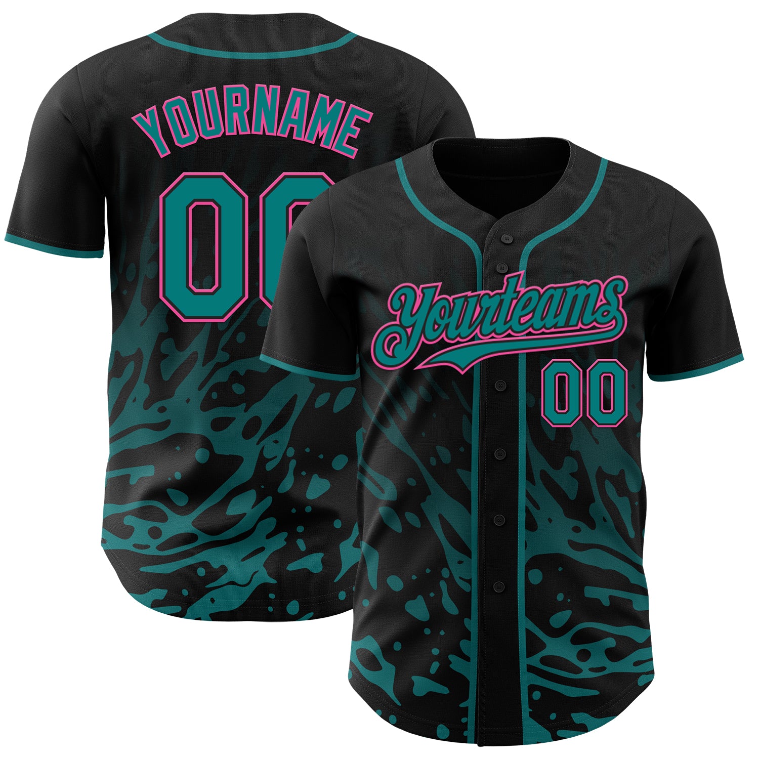 Custom Black Teal-Pink Fluid Liquid Wave Splatter Authentic Baseball Jersey
