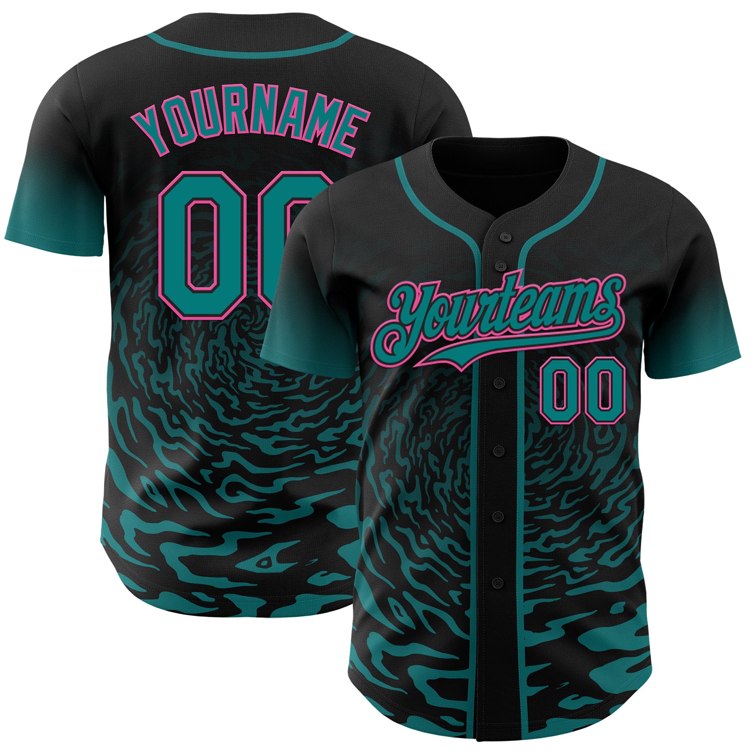 Custom Black Teal-Pink Fluid Wave Splatter Gradient Authentic Baseball Jersey