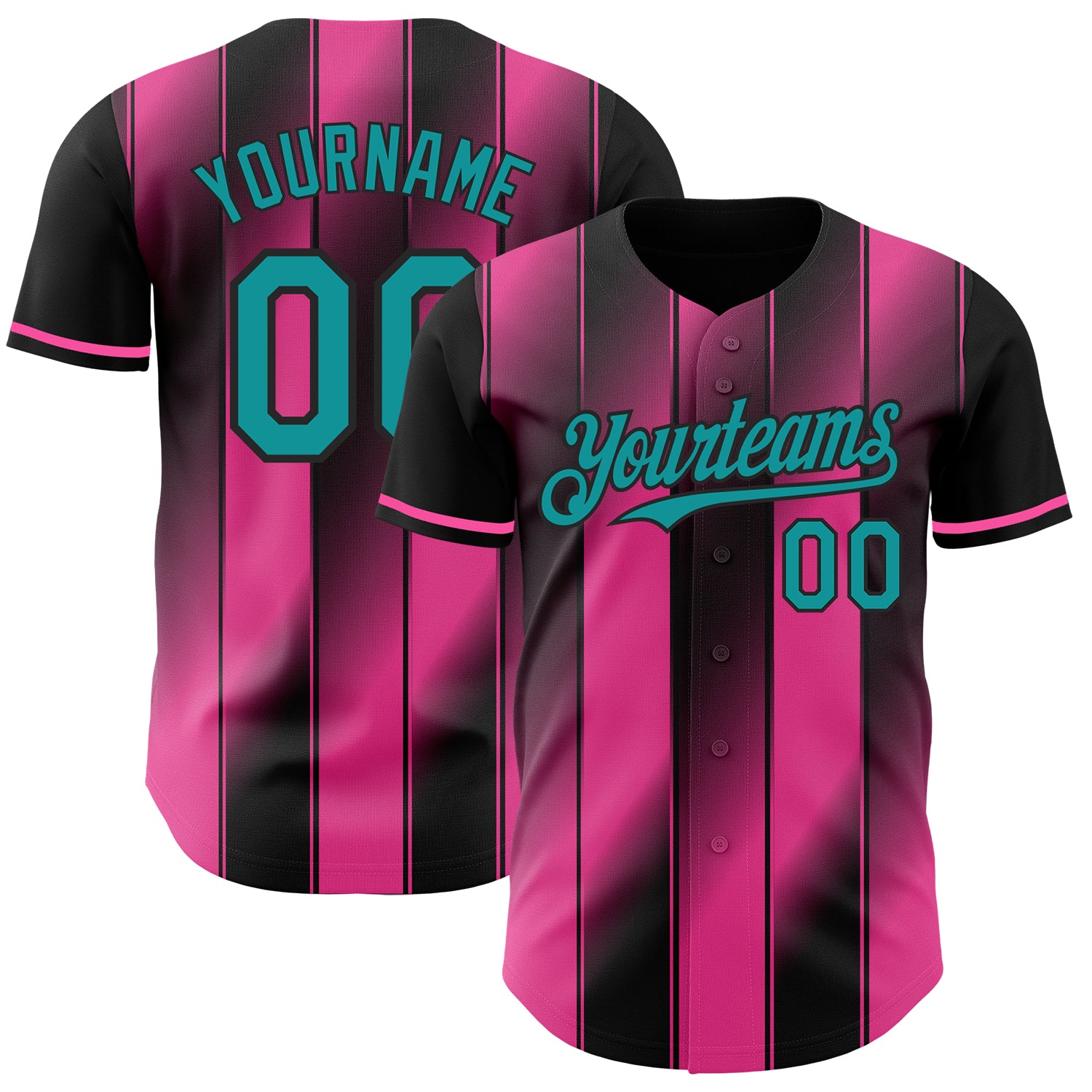 Custom Black Teal-Pink Gradient Classic Vertical Stripe Authentic Baseball Jersey