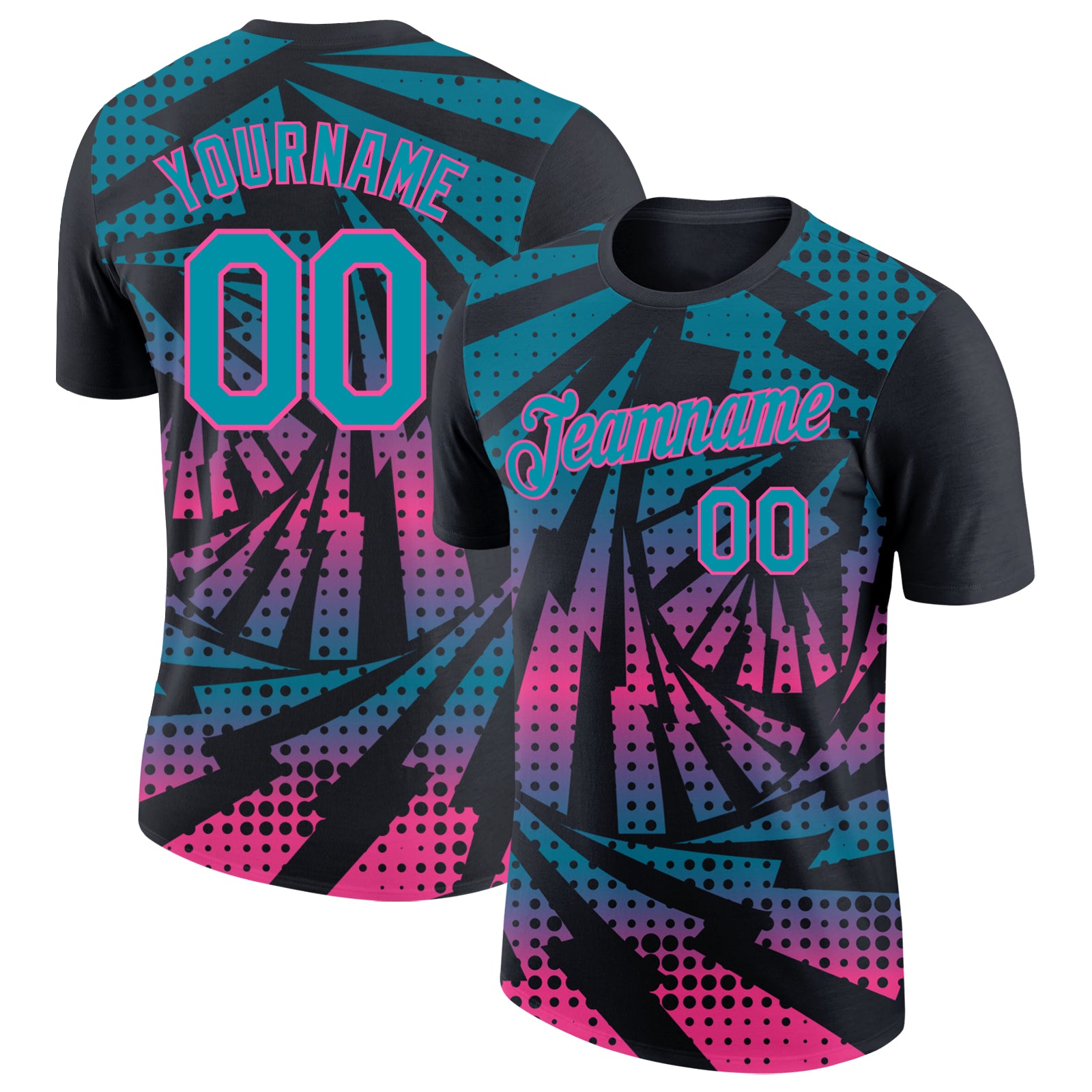 Custom Black Teal-Pink Lightning Gradient Dot Performance T-Shirt