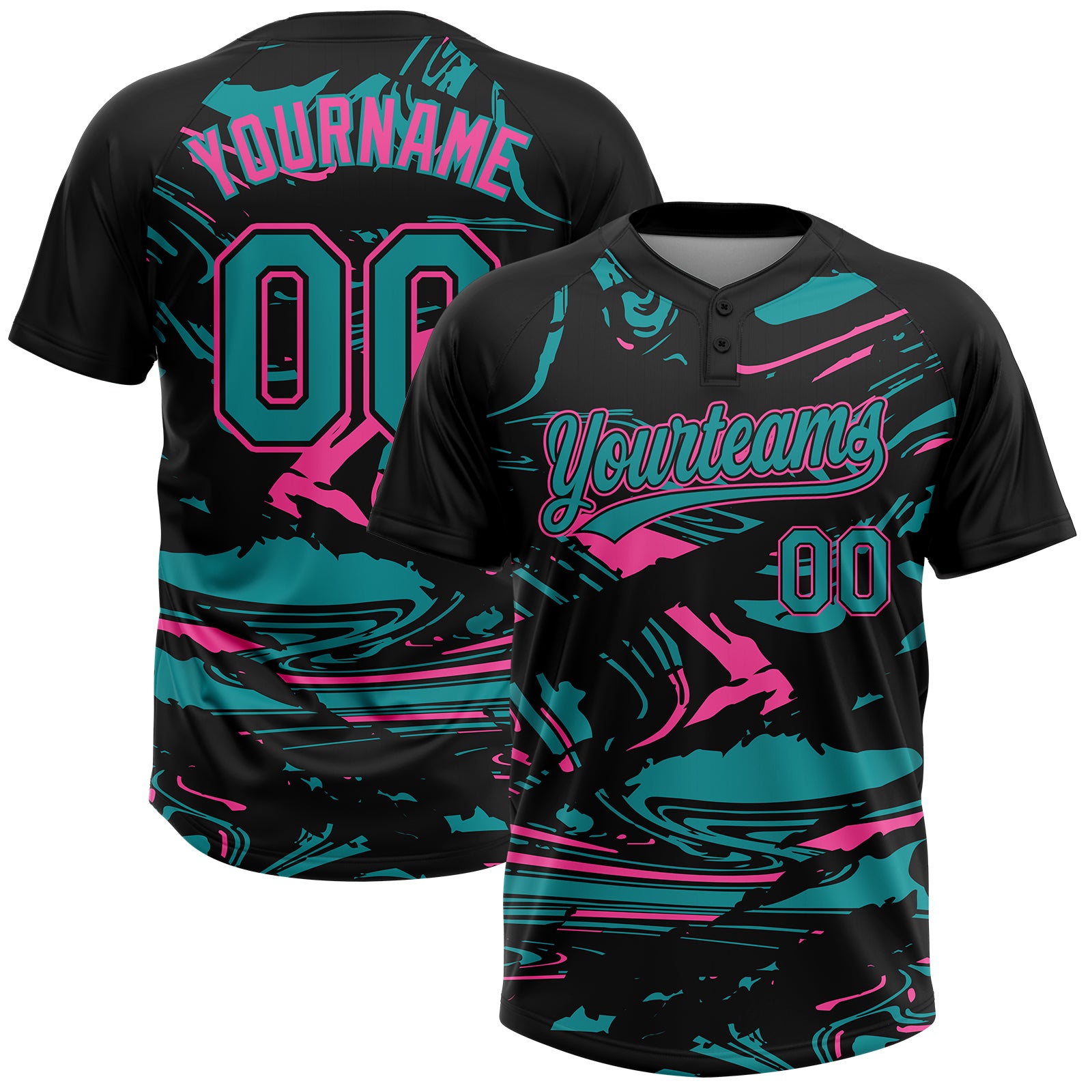 Custom Black Teal-Pink Raglan Sleeves Abstract Fluid Marble Two-Button Unisex Softball Jersey