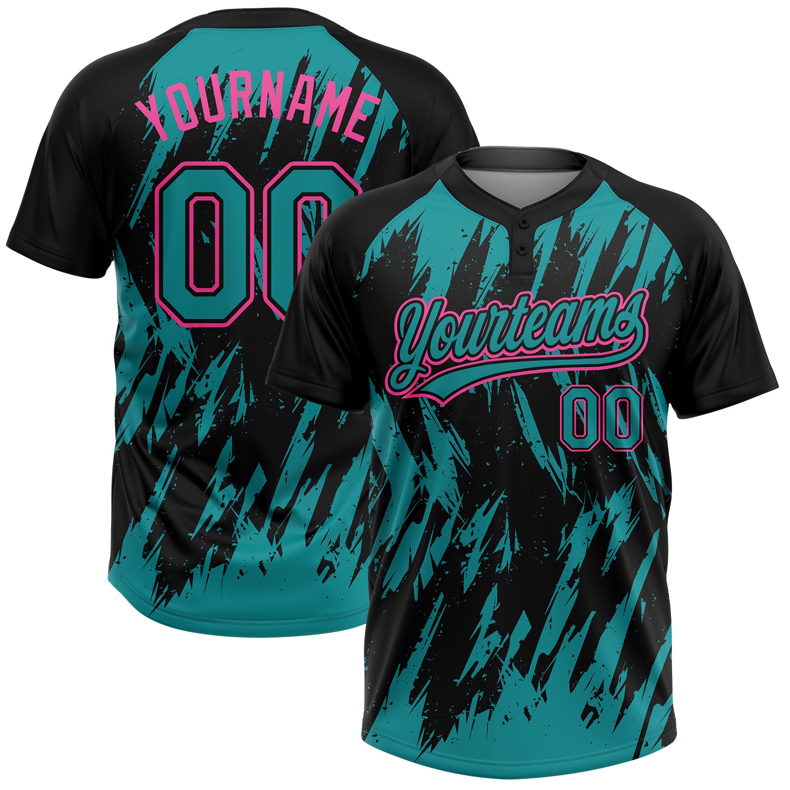 Custom Black Teal-Pink Splatter Torn Sharp Brush Stroke Two-Button Unisex Softball Jersey