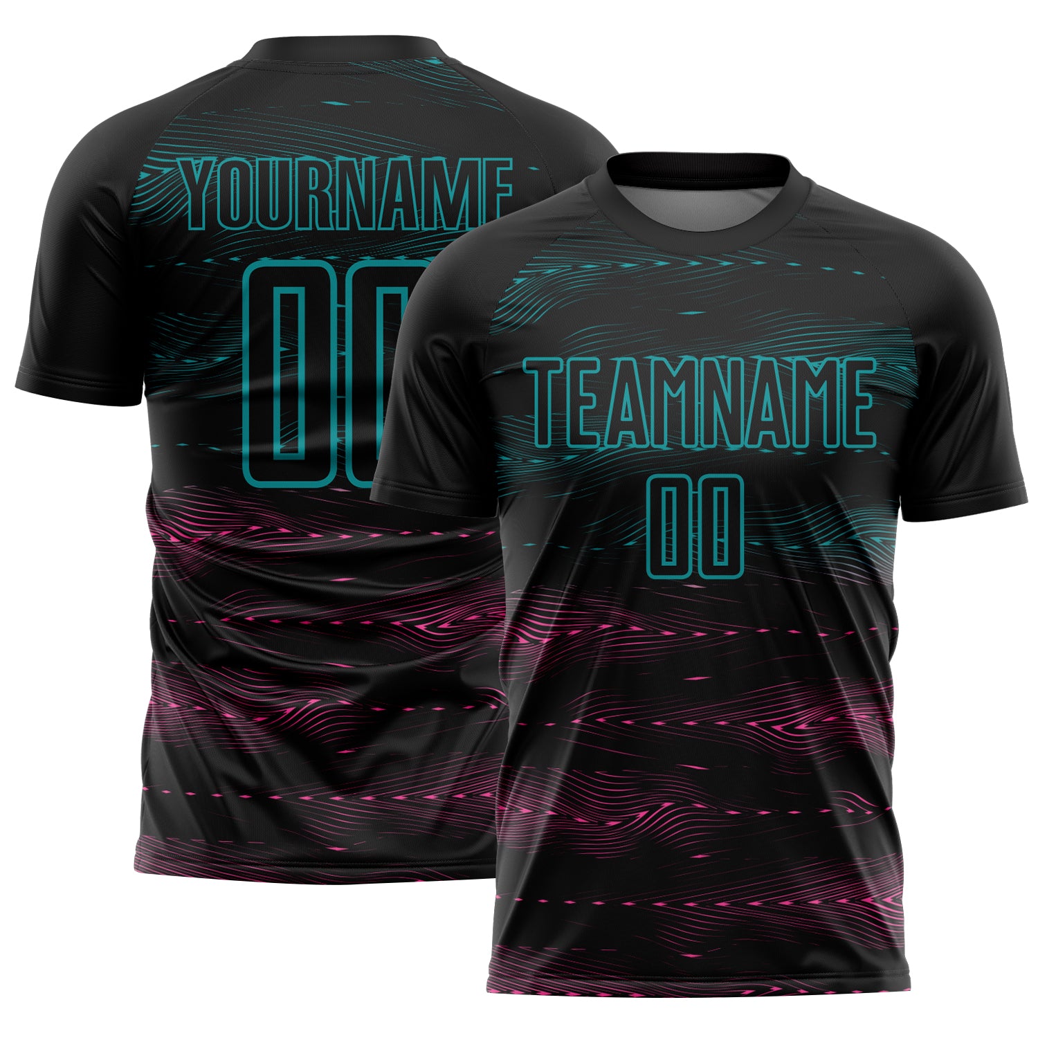 Custom Black Teal-Pink Streamline Wave Cyberpunk Neon Tech Sports Sublimation Soccer Uniform Jersey