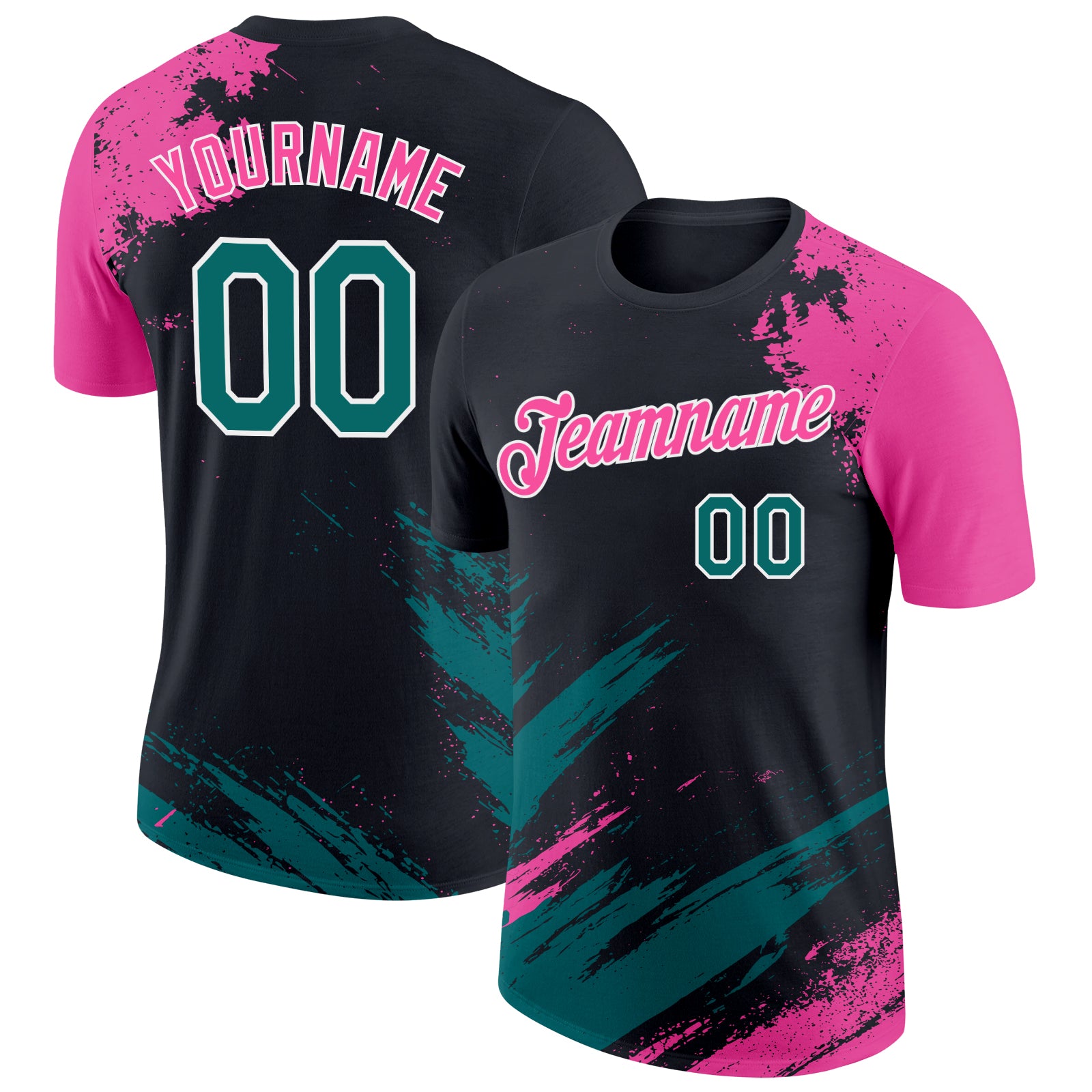 Custom Black Teal Pink-White Abstract Brush Stroke Splatter Performance T-Shirt