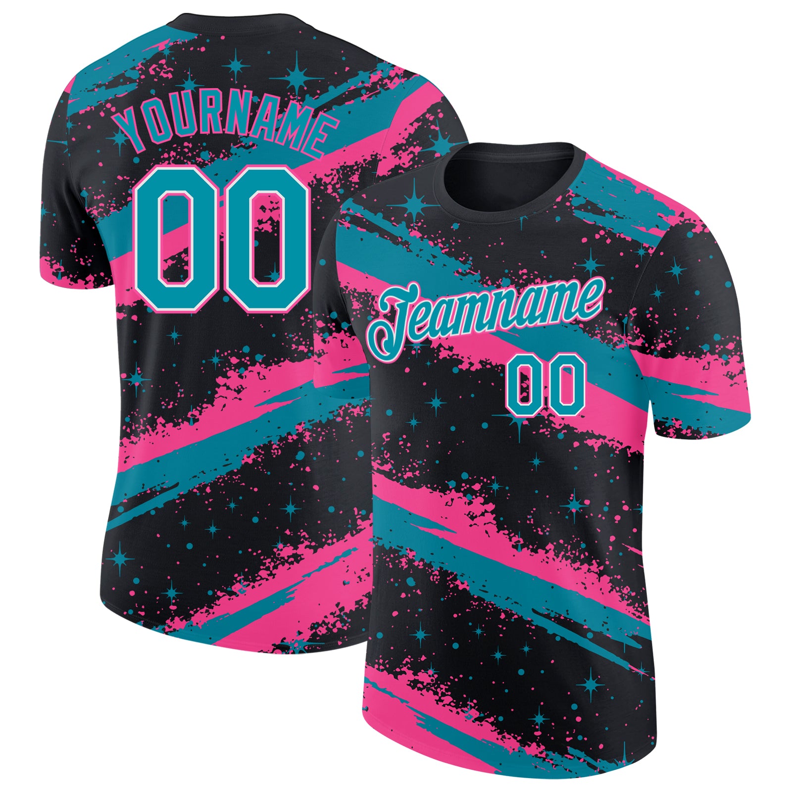 Custom Black Teal Pink-White Brush Stroke Splatter Starburst Performance T-Shirt