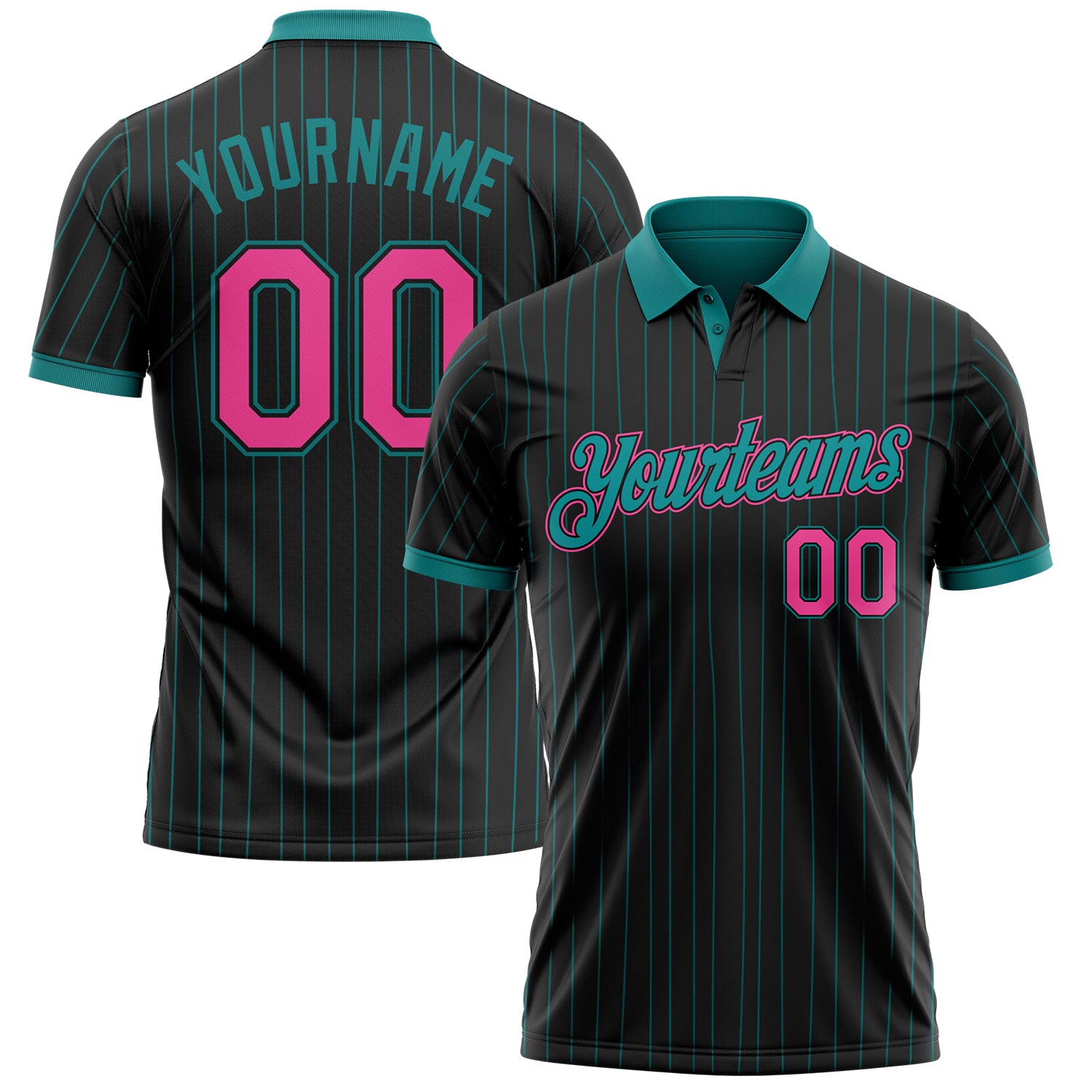 Custom Black Teal Pinstripe-Pink Performance Polo Shirt
