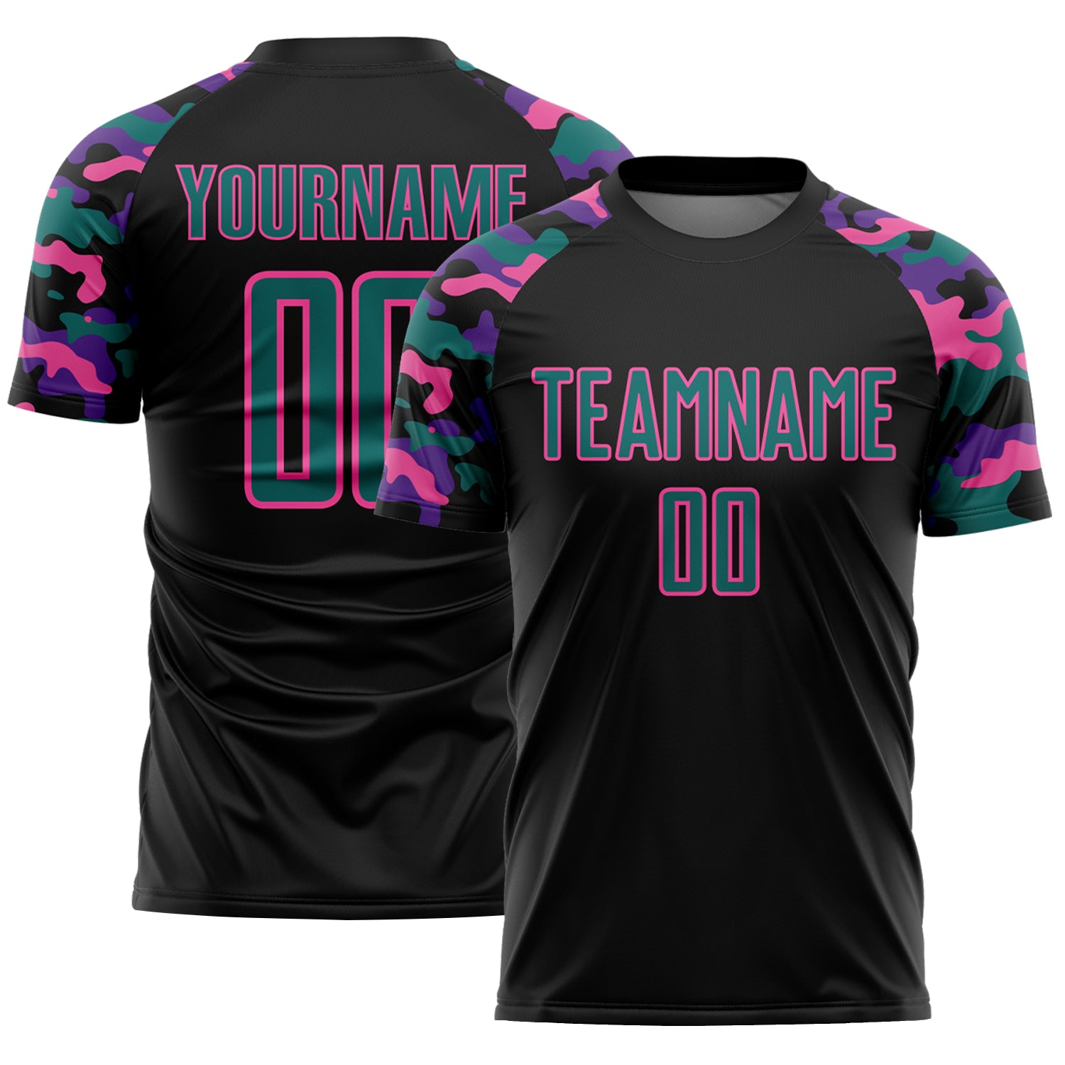 Custom Black Teal Purple-Pink Digital Camo Raglan Sleeves Sublimation Soccer Uniform Jersey