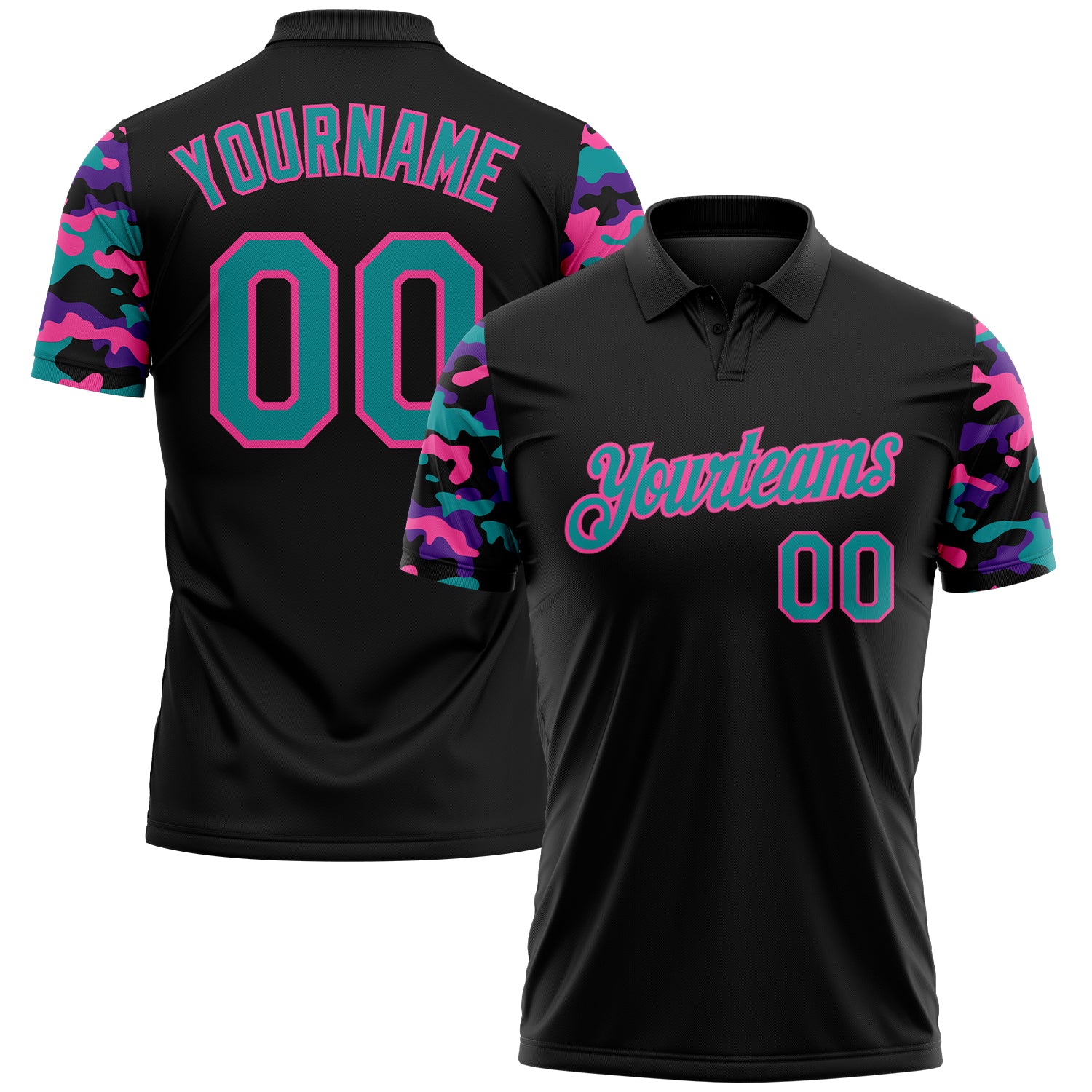 Custom Black Teal Purple-Pink Digital Camo Two Tone Performance Polo Shirt