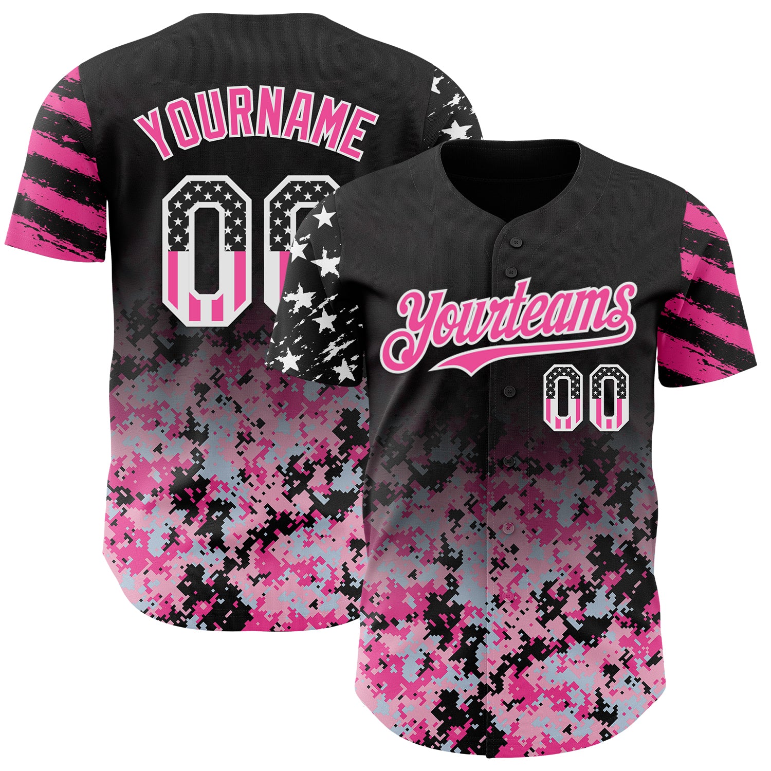 Custom Black USA Flag Camo White-Pink Gradient Digital Camouflage Stars & Stripes Two Tone Authentic Baseball Jersey
