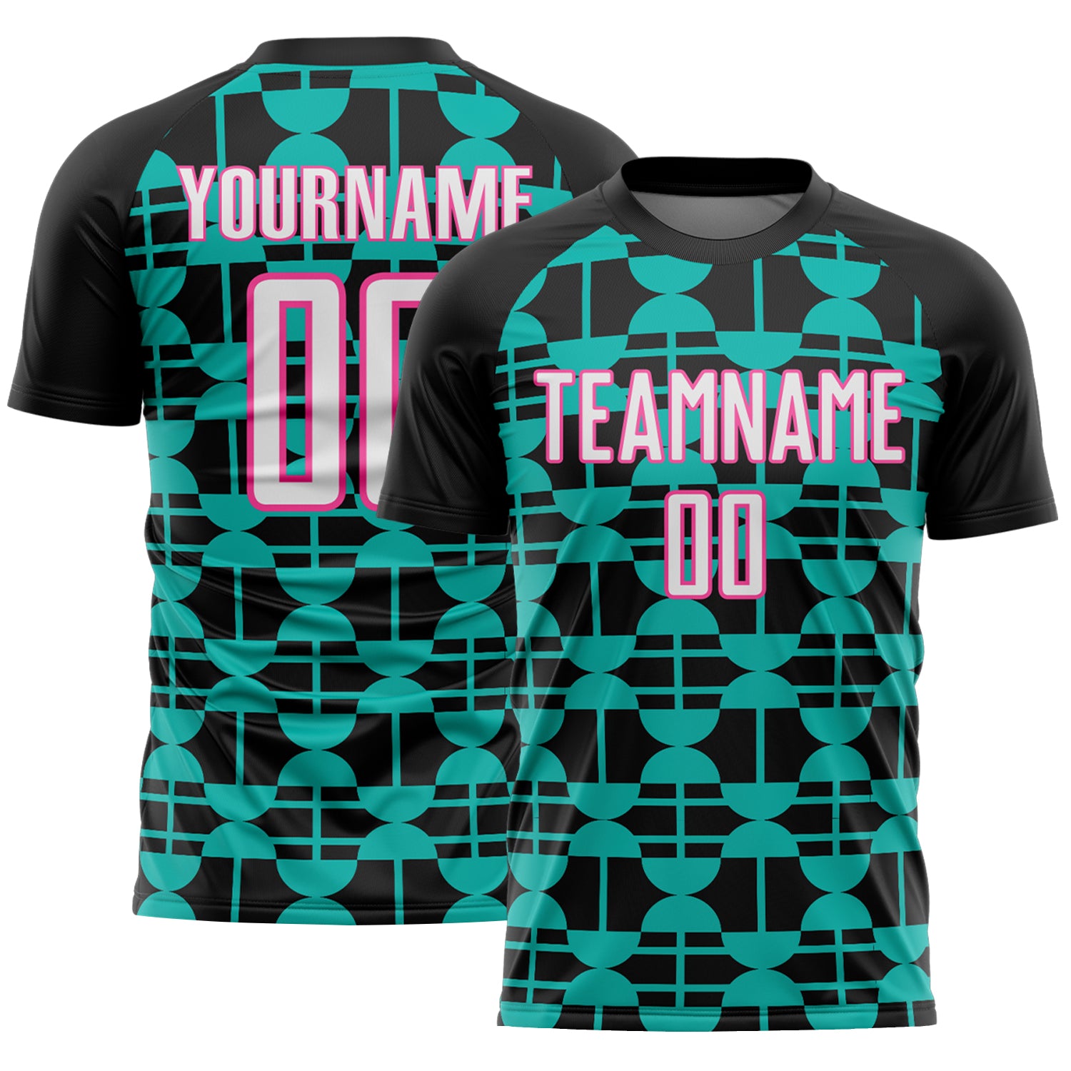 Custom Black White Aqua-Pink Geometric Shapes Sports Sublimation Soccer Uniform Jersey