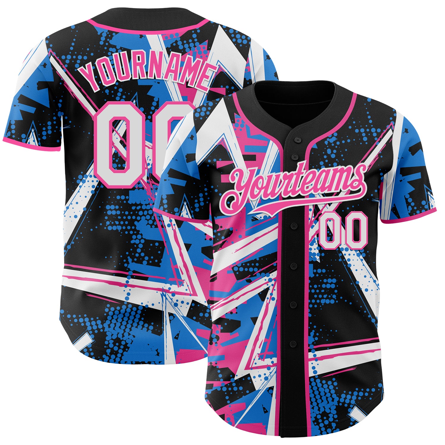 Custom Black White Electric Blue-Pink Geometric Shards Dot Grid Authentic Baseball Jersey