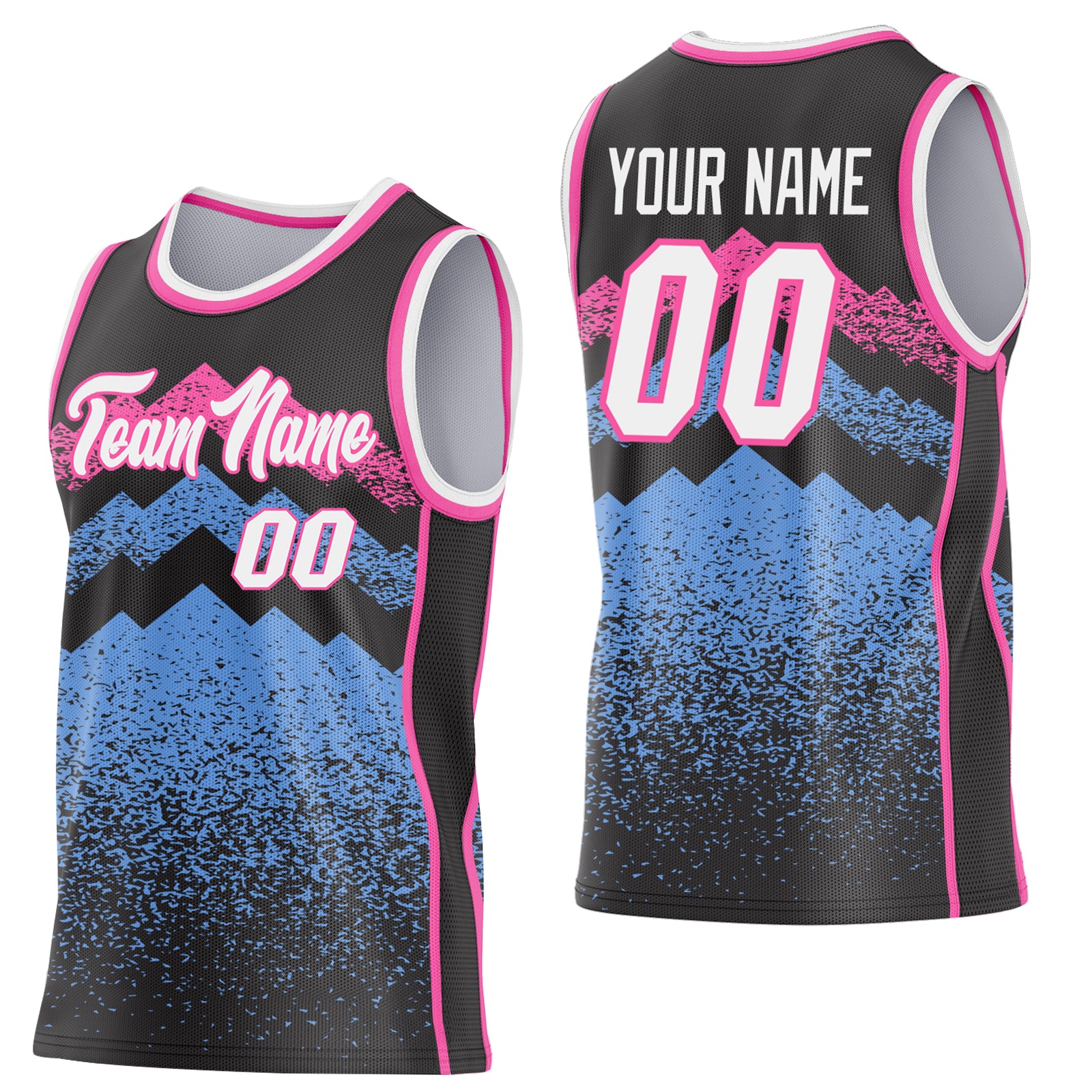 Custom Black White Light Blue-Pink Mountain Peak Shards Side Panel Stripe Round Neck Sublimation Basketball Set Jersey