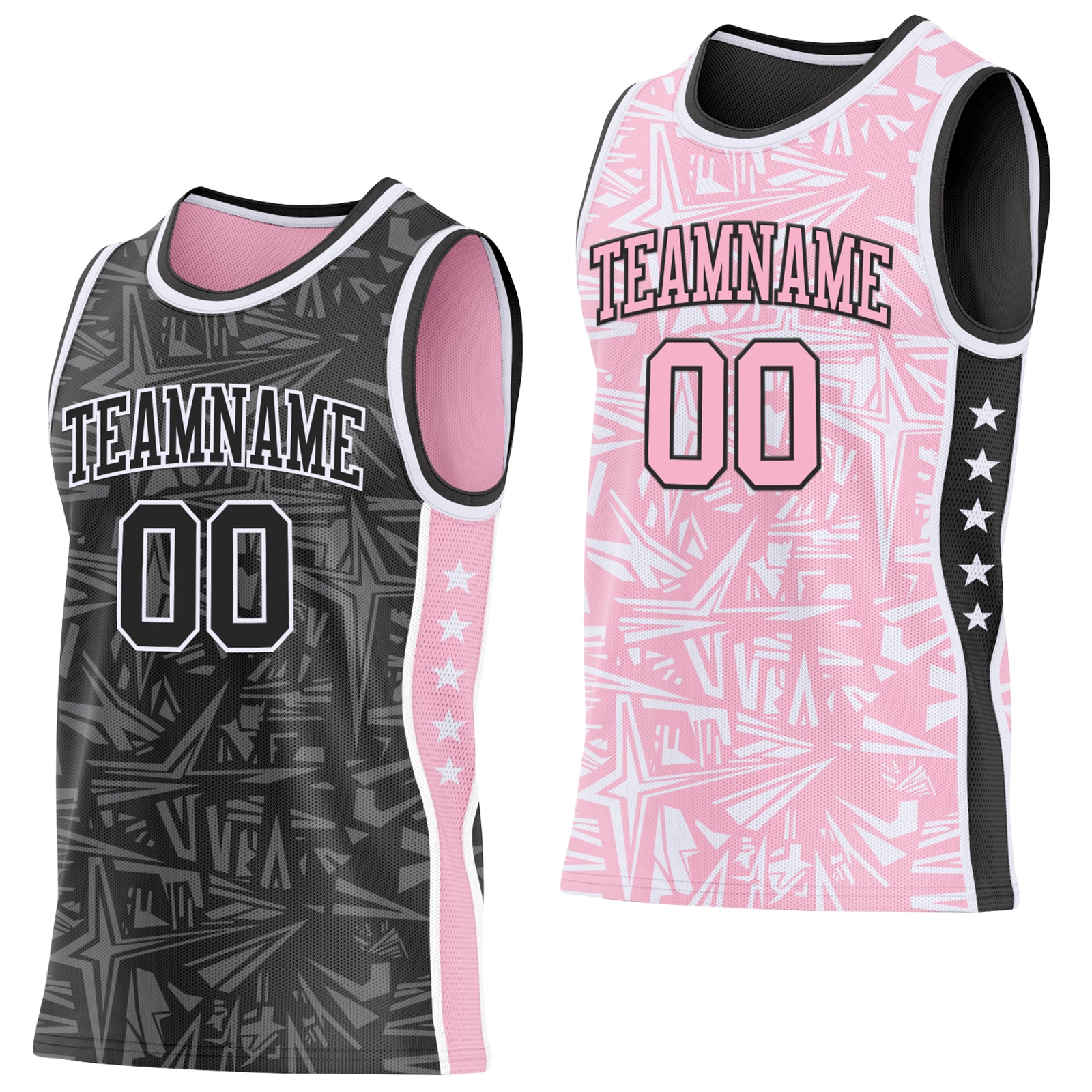 Custom Black White-Light Pink Side Panel Stripe Stars Geometric Shatter Starburst Reversible Double Side Sublimation Basketball Set Jersey